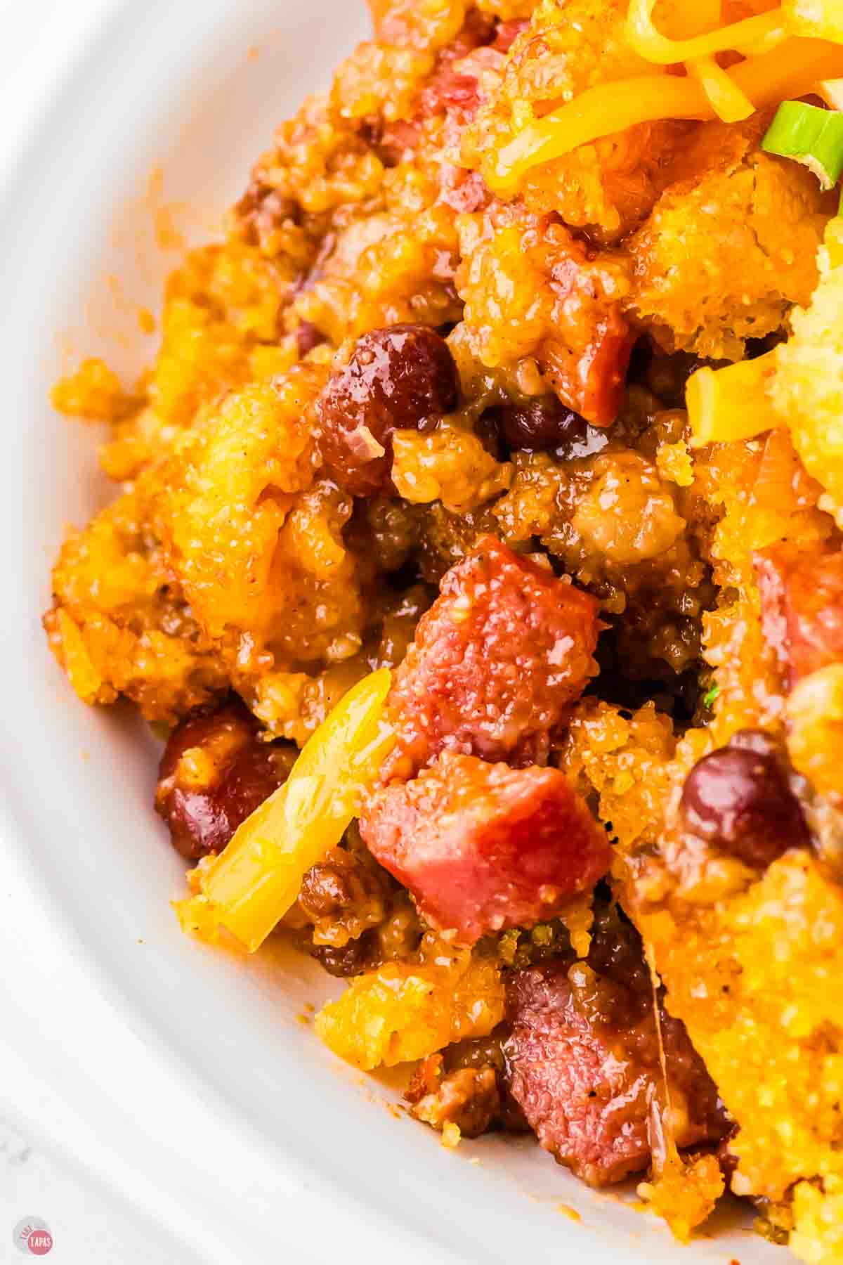 overhead picture of bowl of chili dog casserole
