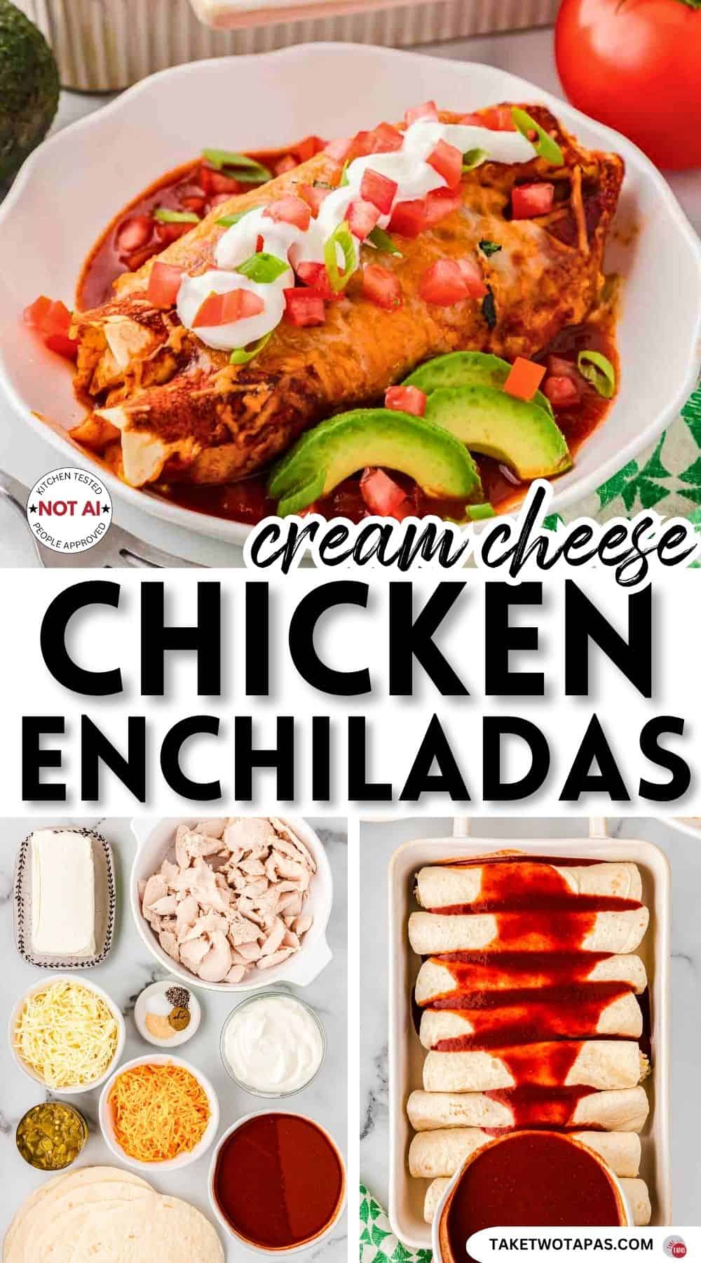 Pinterest pin image for a cream cheese chicken enchilada recipe