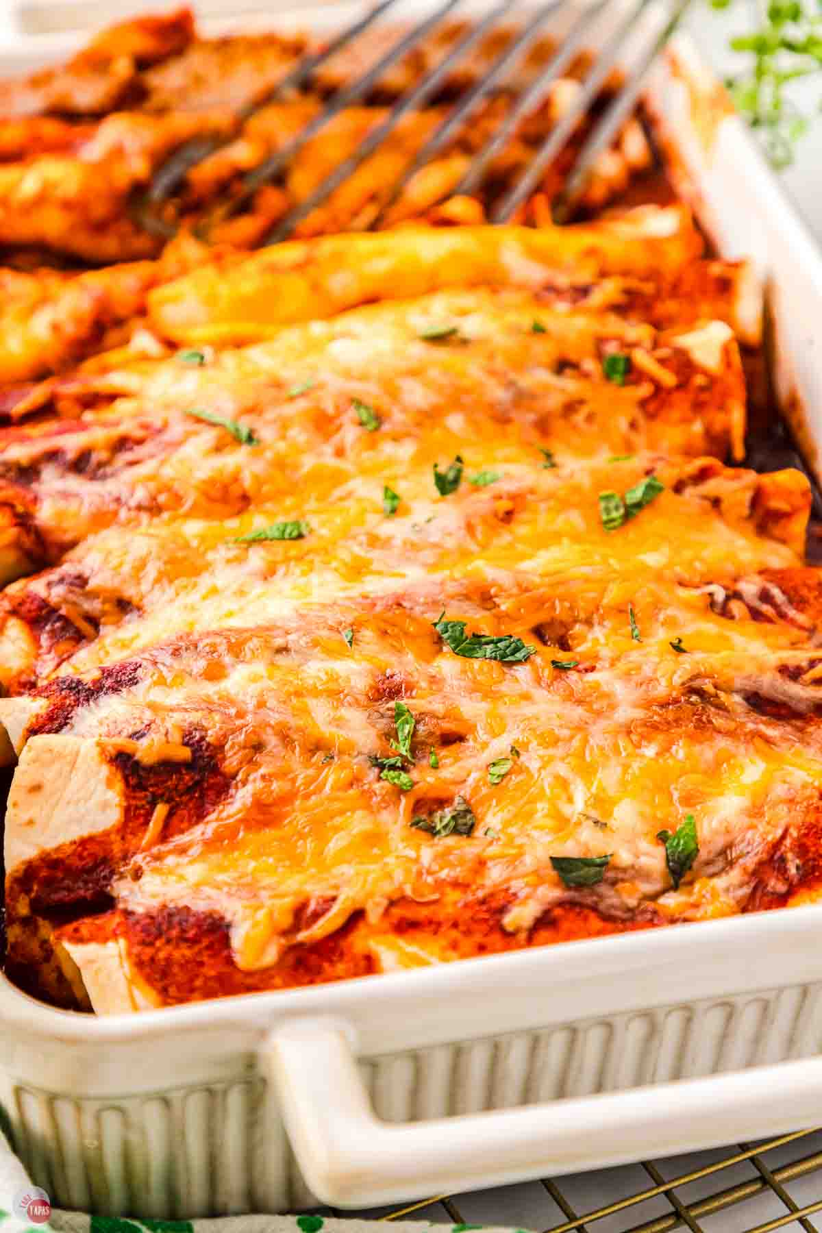 dish filled with enchiladas topped with melted cheese