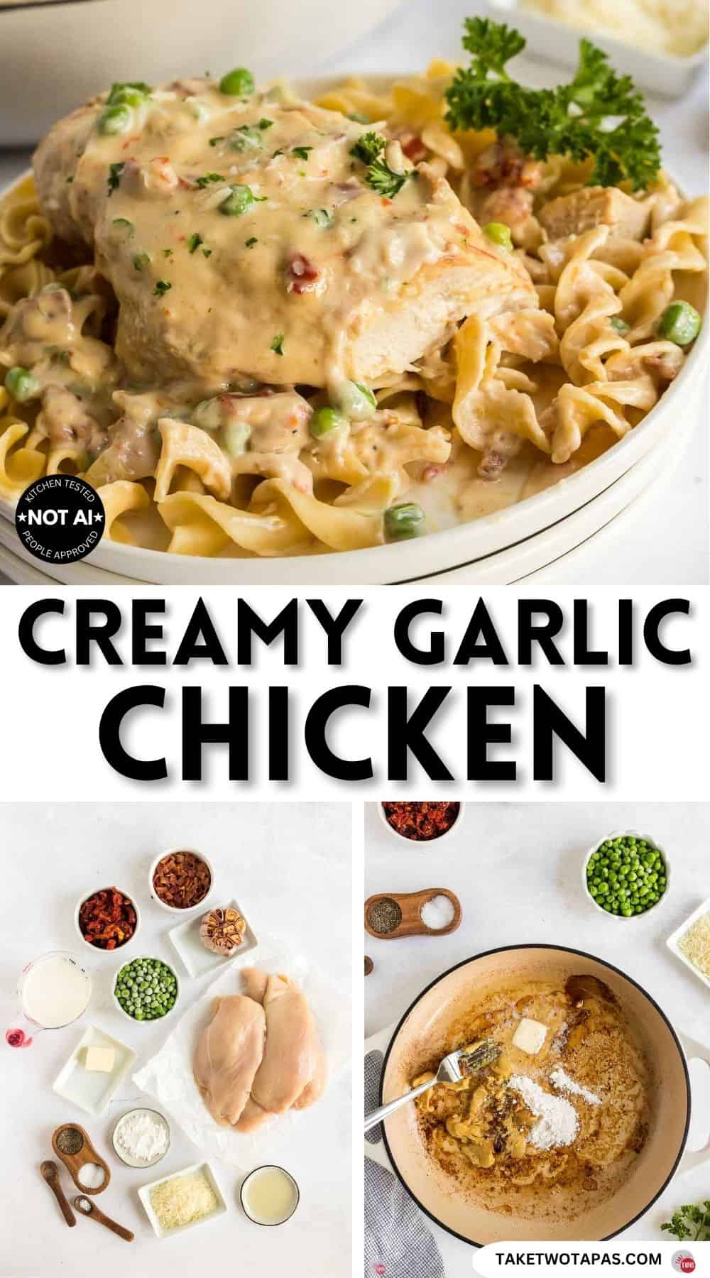 Pinterest pin image for a creamy garlic chicken recipe