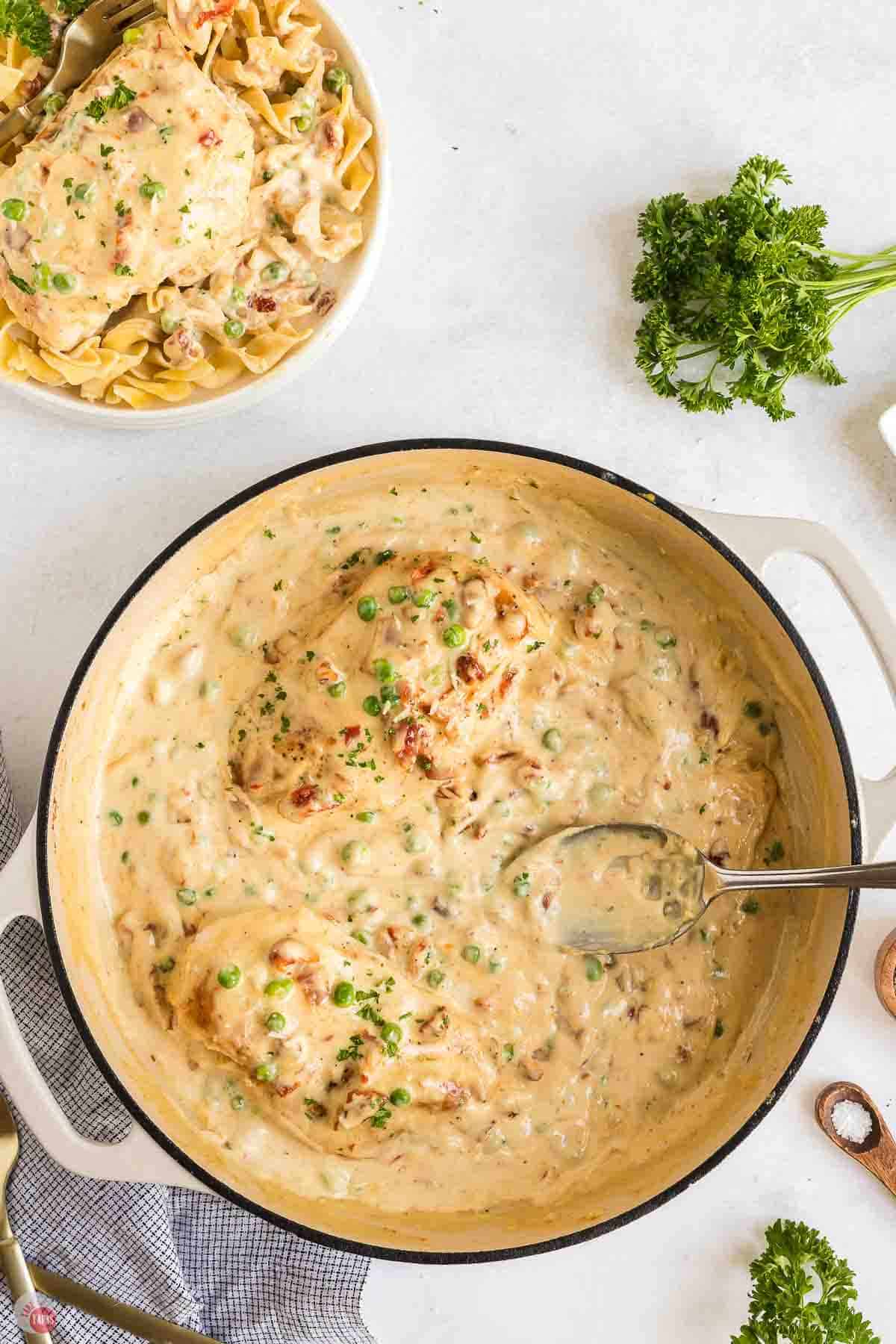 skillet with chicken and sauce