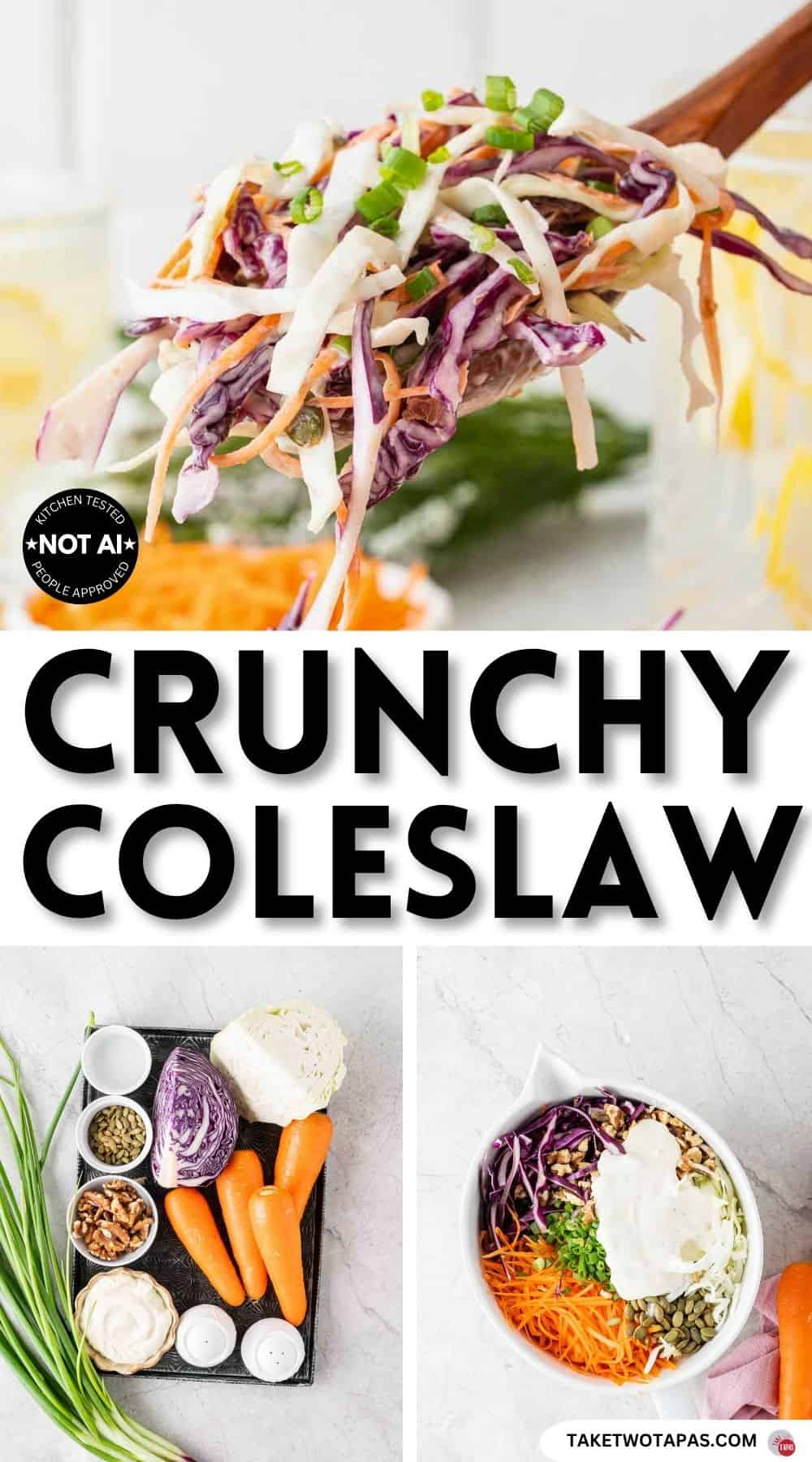 Pinterest pin image for a crunchy coleslaw recipe