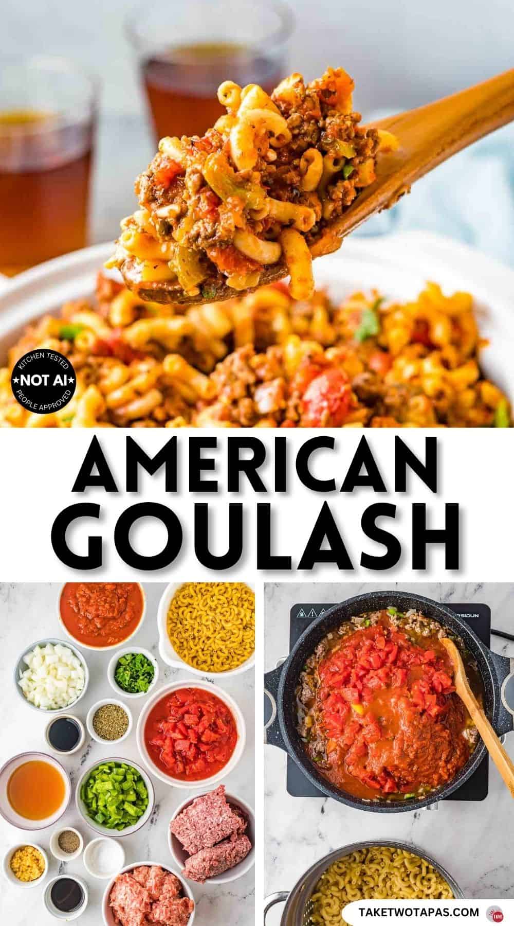 Pinterest pin image for a hamburger goulash recipe