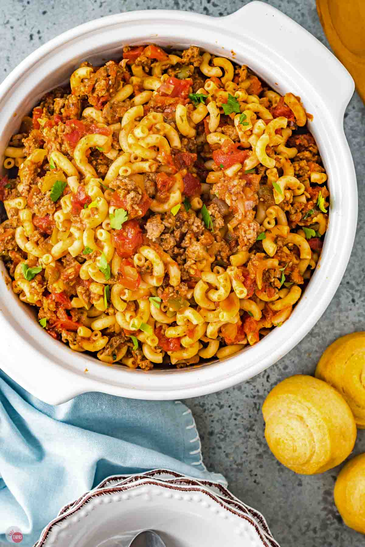 pot of goulash with elbow macaroni