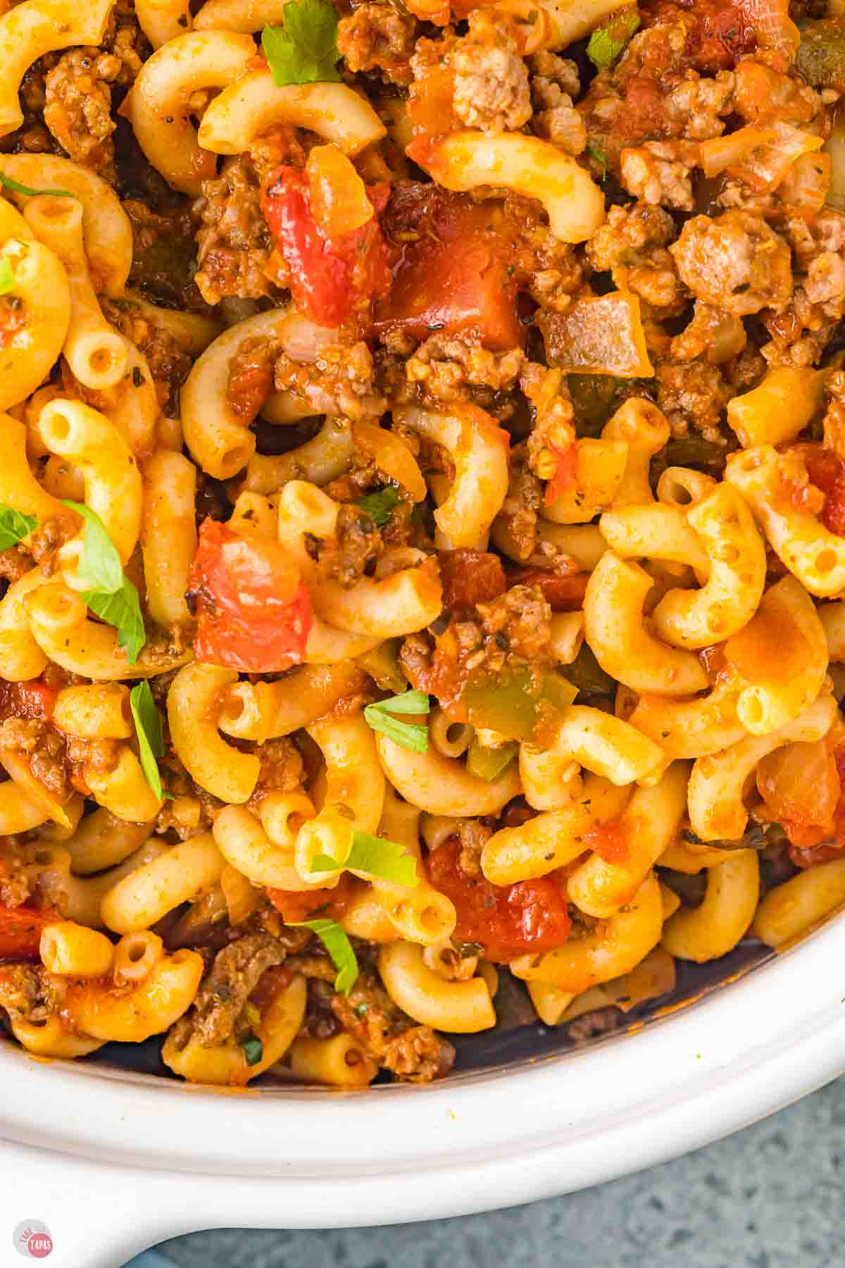 close up of bowl of hamburger macaroni goulash