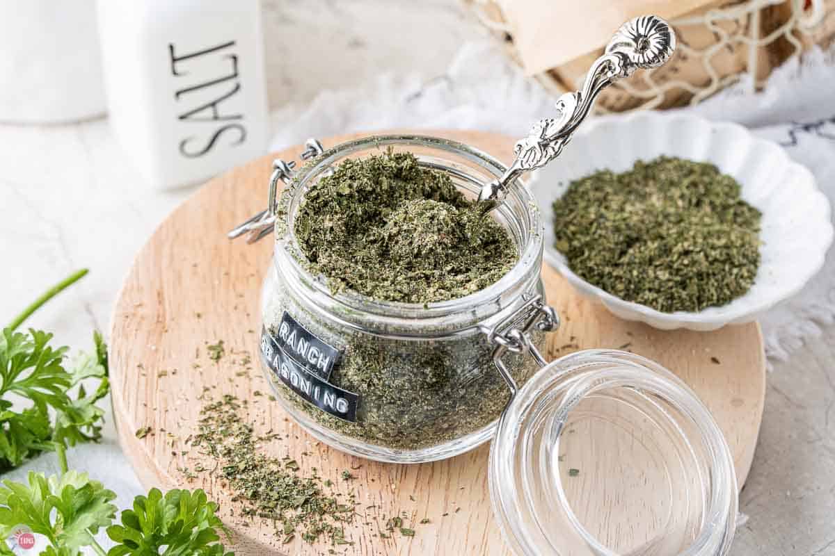 jar of ranch seasoning on a wood board