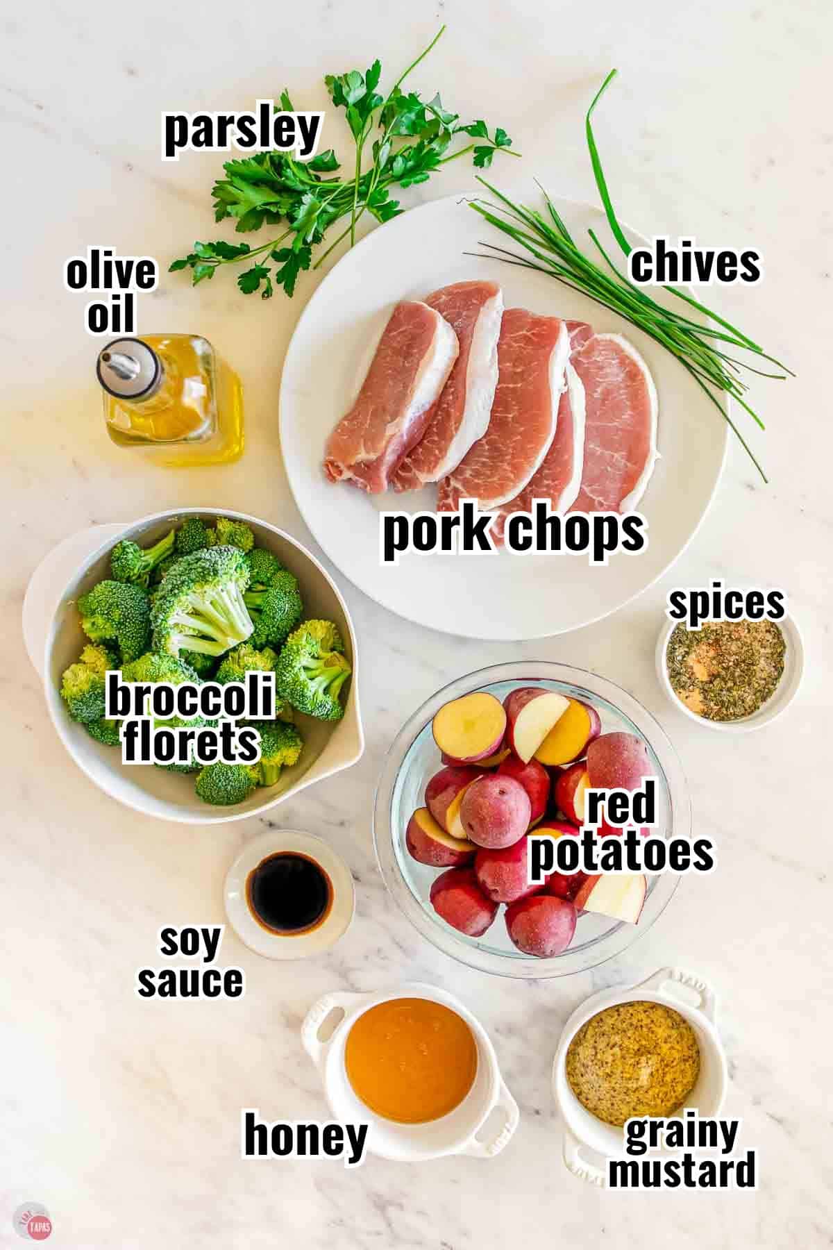 individual ingredients for a recipe with text overlay labeling them