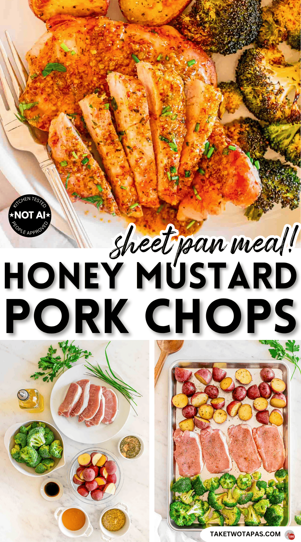 Pinterest pin image for a sheet pan honey mustard pork chop recipe