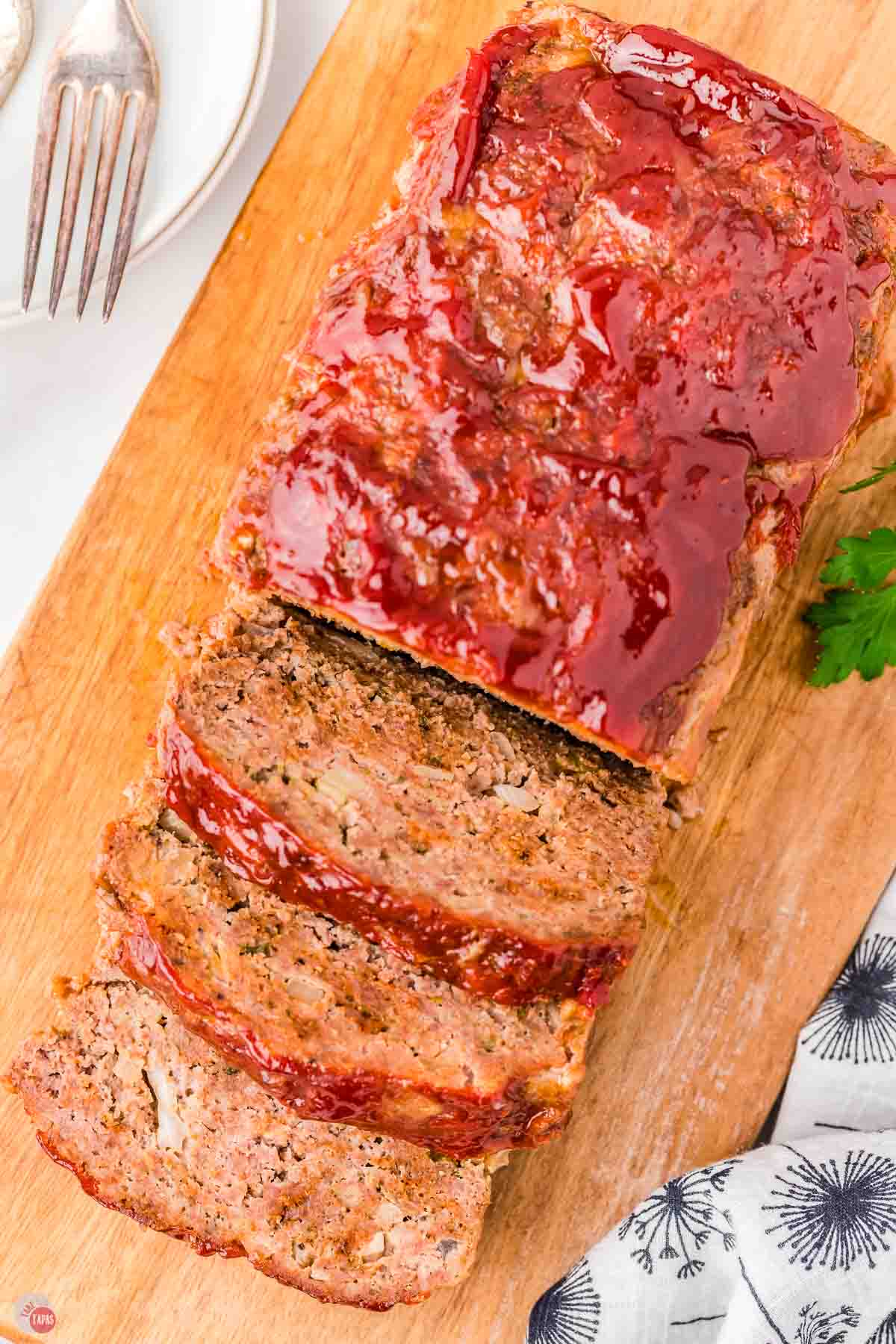 overhead picture of meatloaf with a few slices cut off