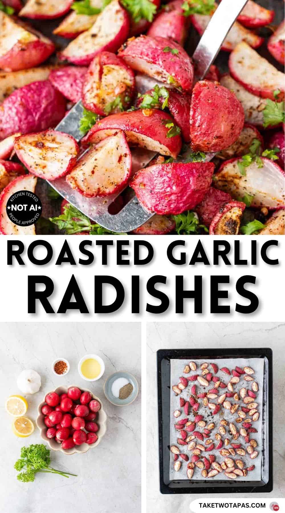 Pinterest pin image for a garlic roasted radishes recipe
