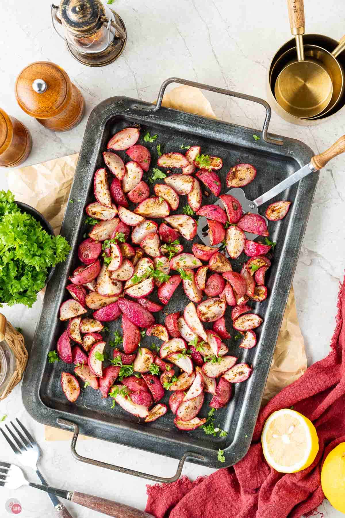 baking sheet of roasted radishes