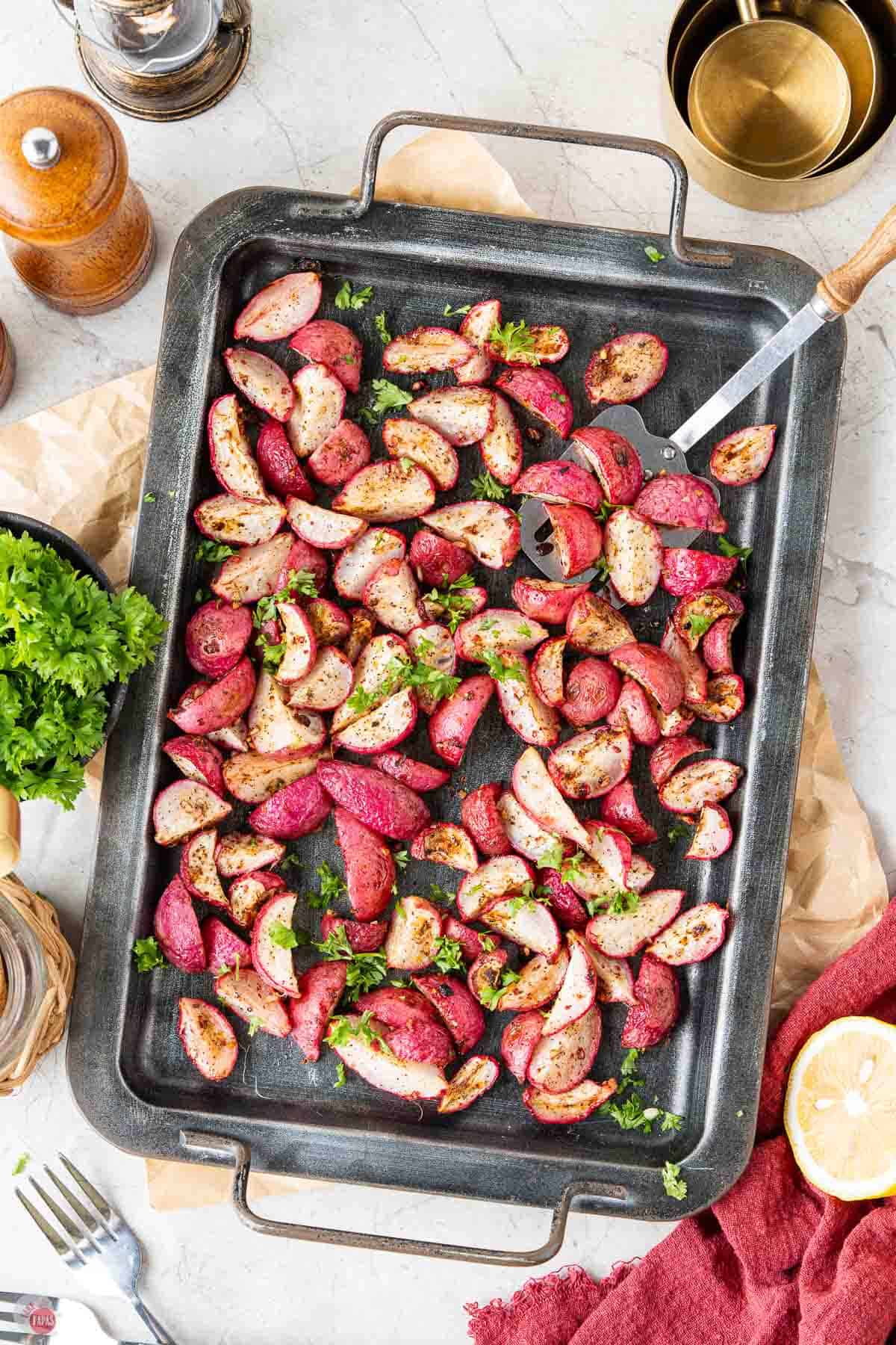 sheet pan of roasted radishes