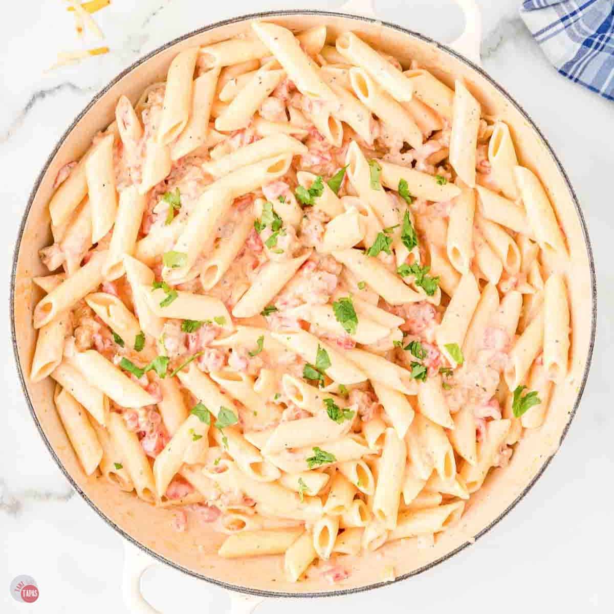 skillet of creamy rotel pasta