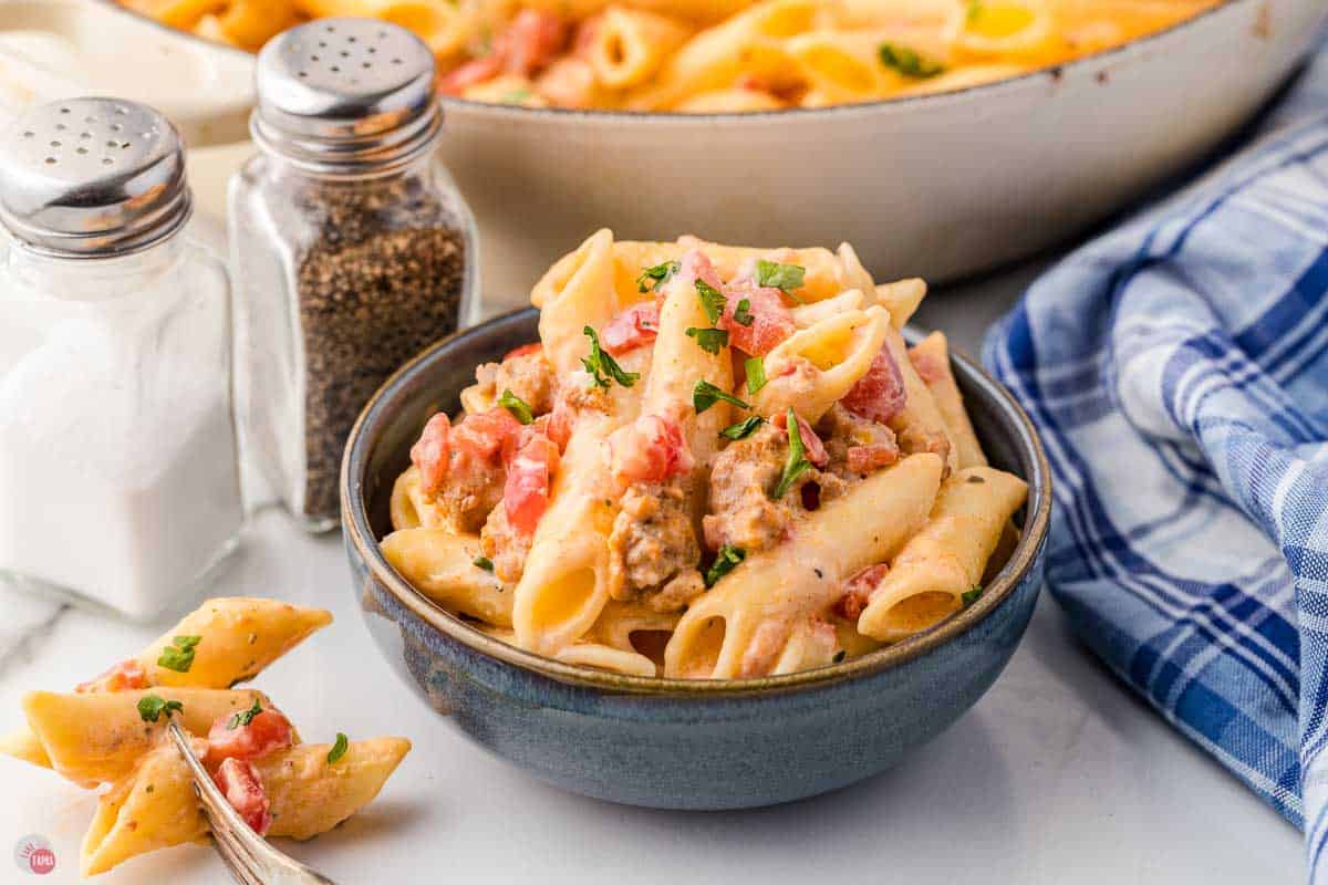small blue bowl of pasta recipe