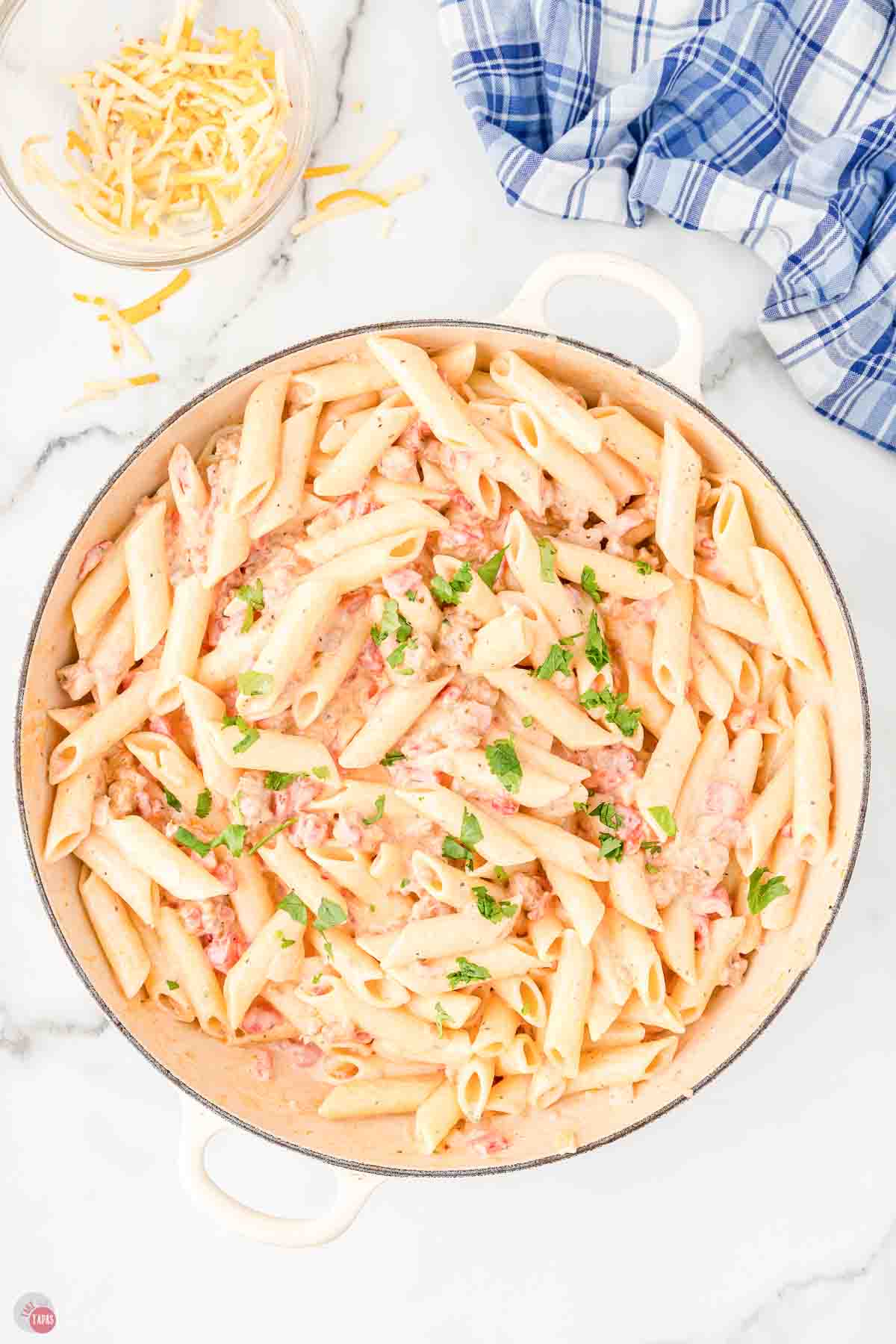 skillet of creamy rotel pasta