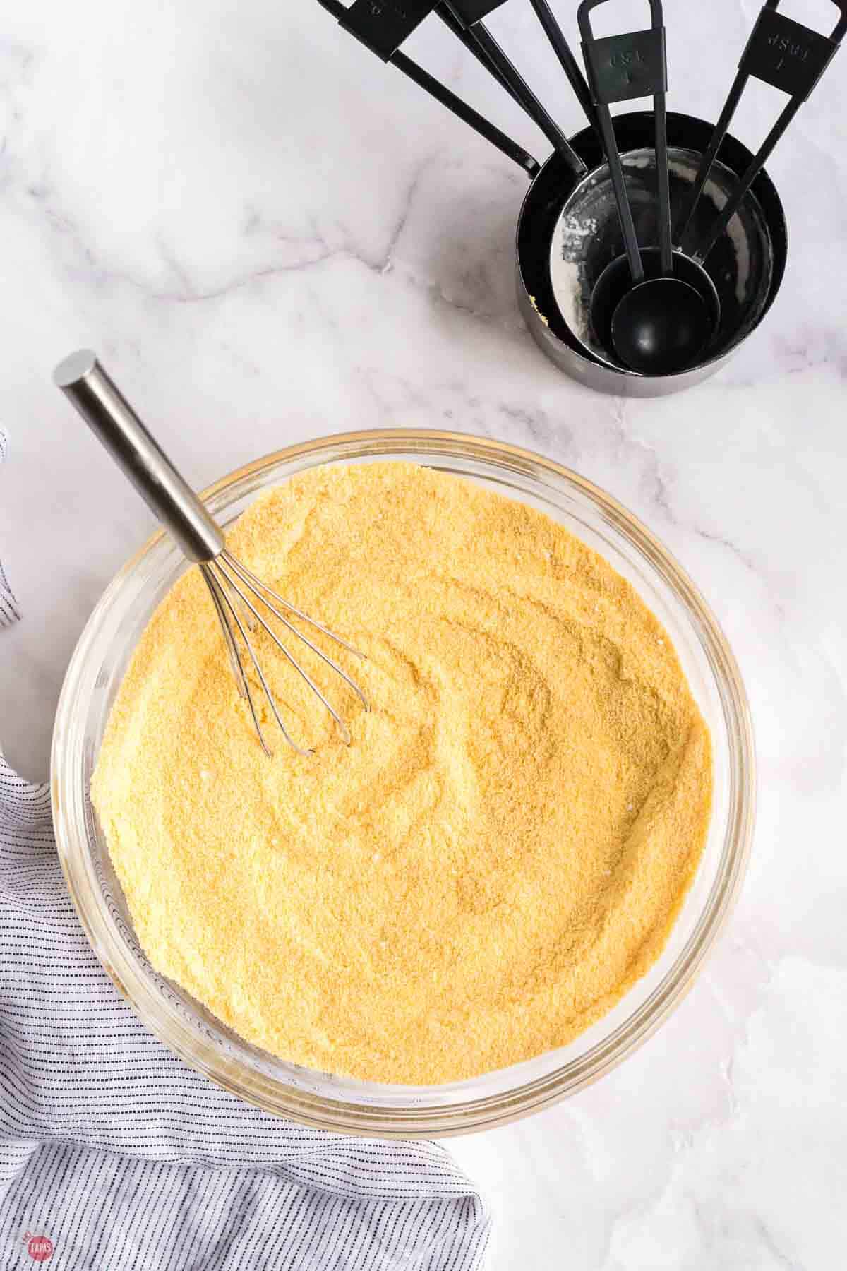 bowl of baking mix with a whisk