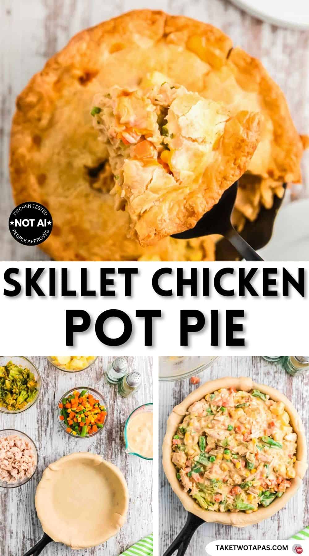 Pinterest pin image for a cast iron skillet chicken pot pie recipe