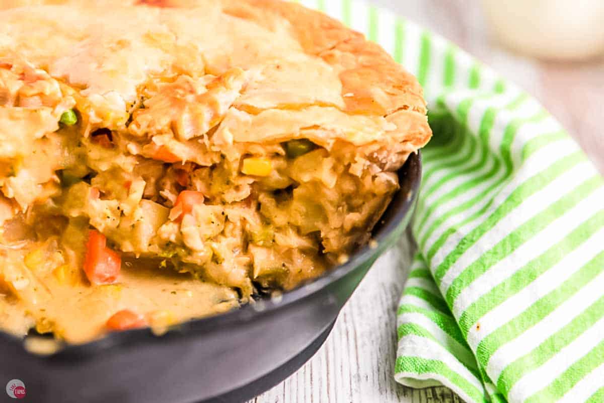 side view of a skillet with chicken pot pie in it