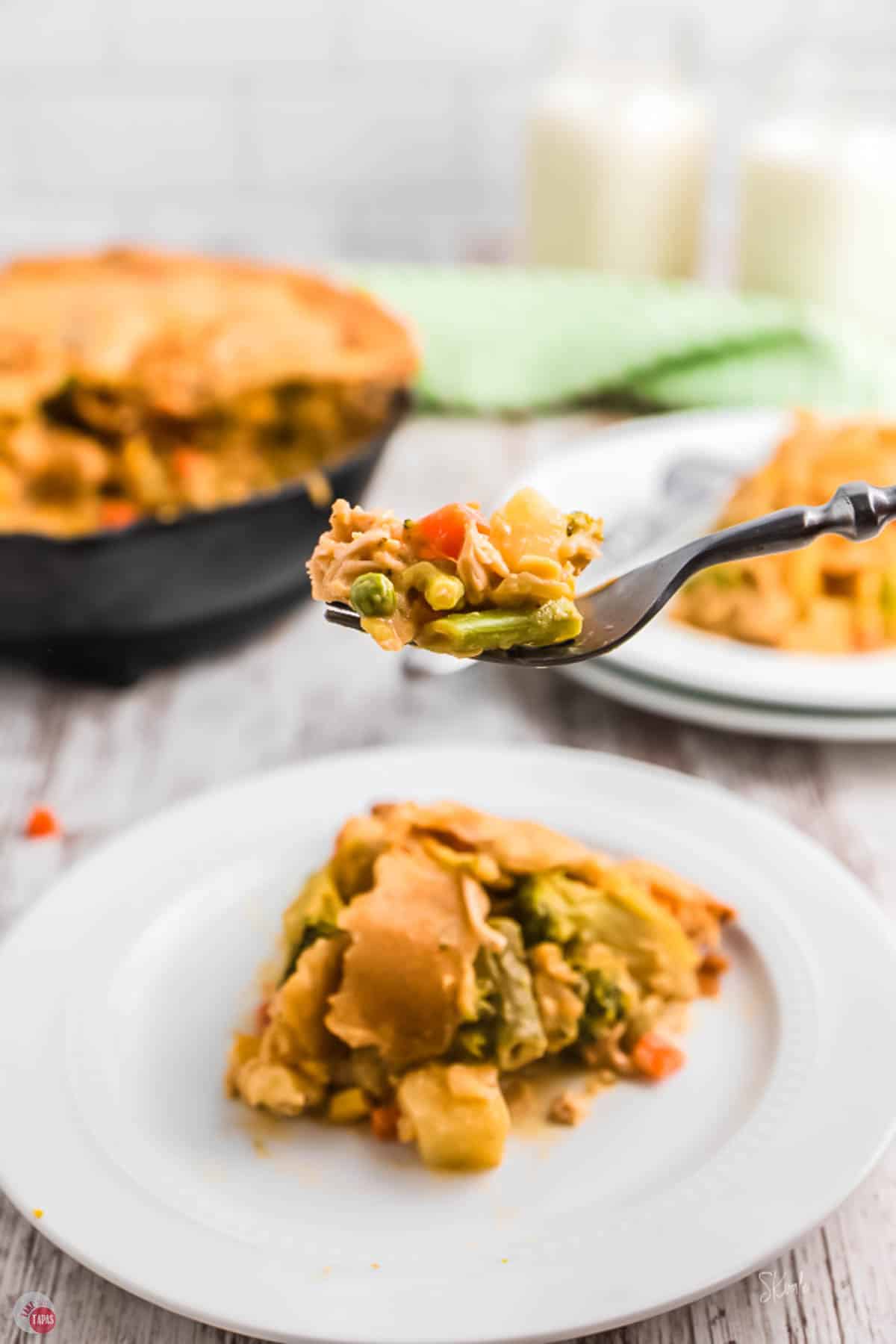 fork with bite of chicken and vegetables
