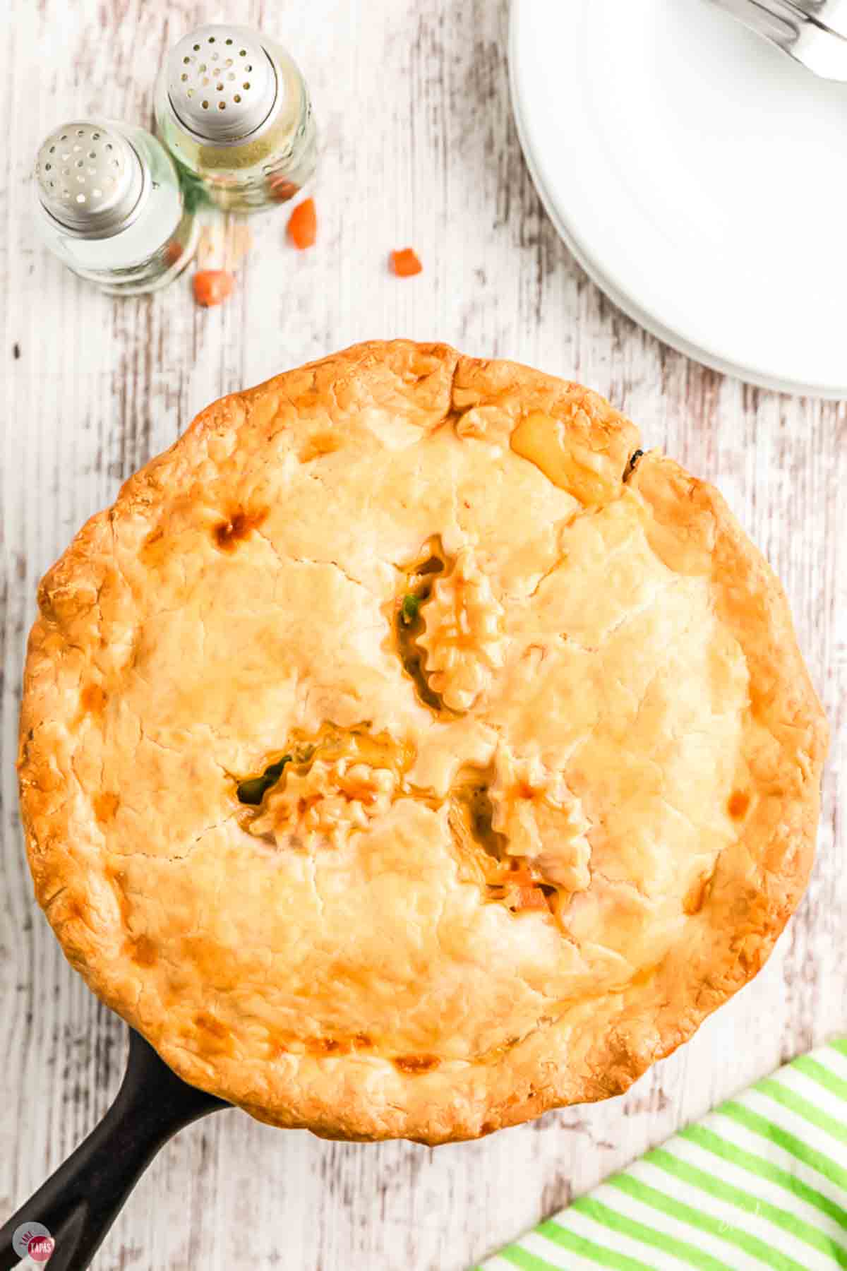 baked skillet chicken pot pie in a cast iron pan