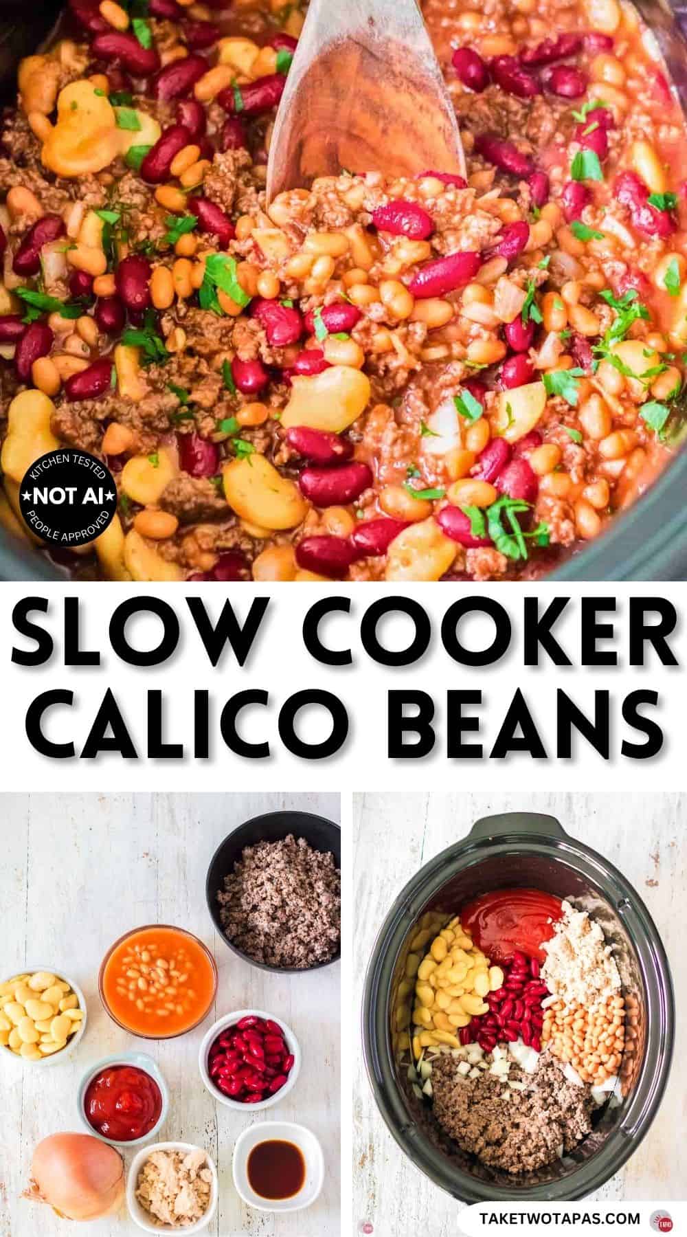 Pinterest pin image for a slow cooker calico beans recipe