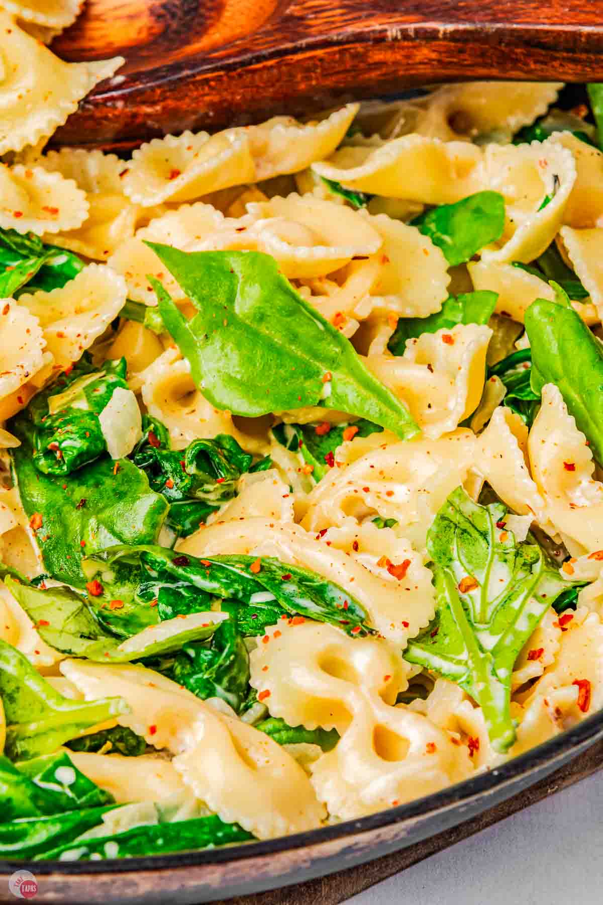 close up of pasta and spinach topped with a sour cream sauce