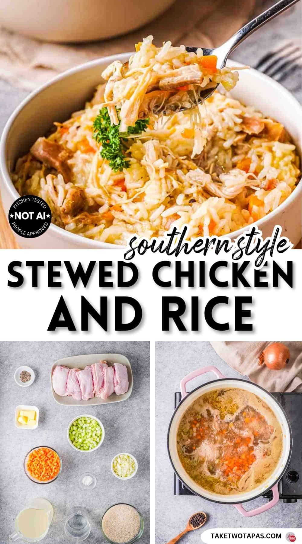 Pinterest pin image for a southern style stewed chicken and rice recipe
