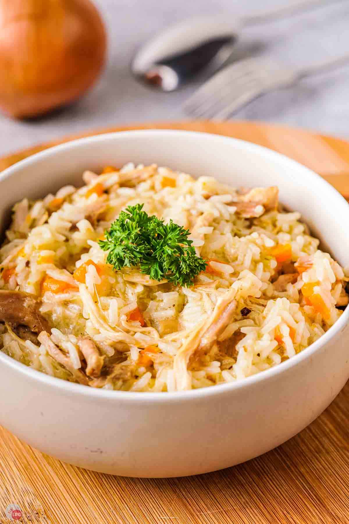 close up of chicken and rice in a white bowl