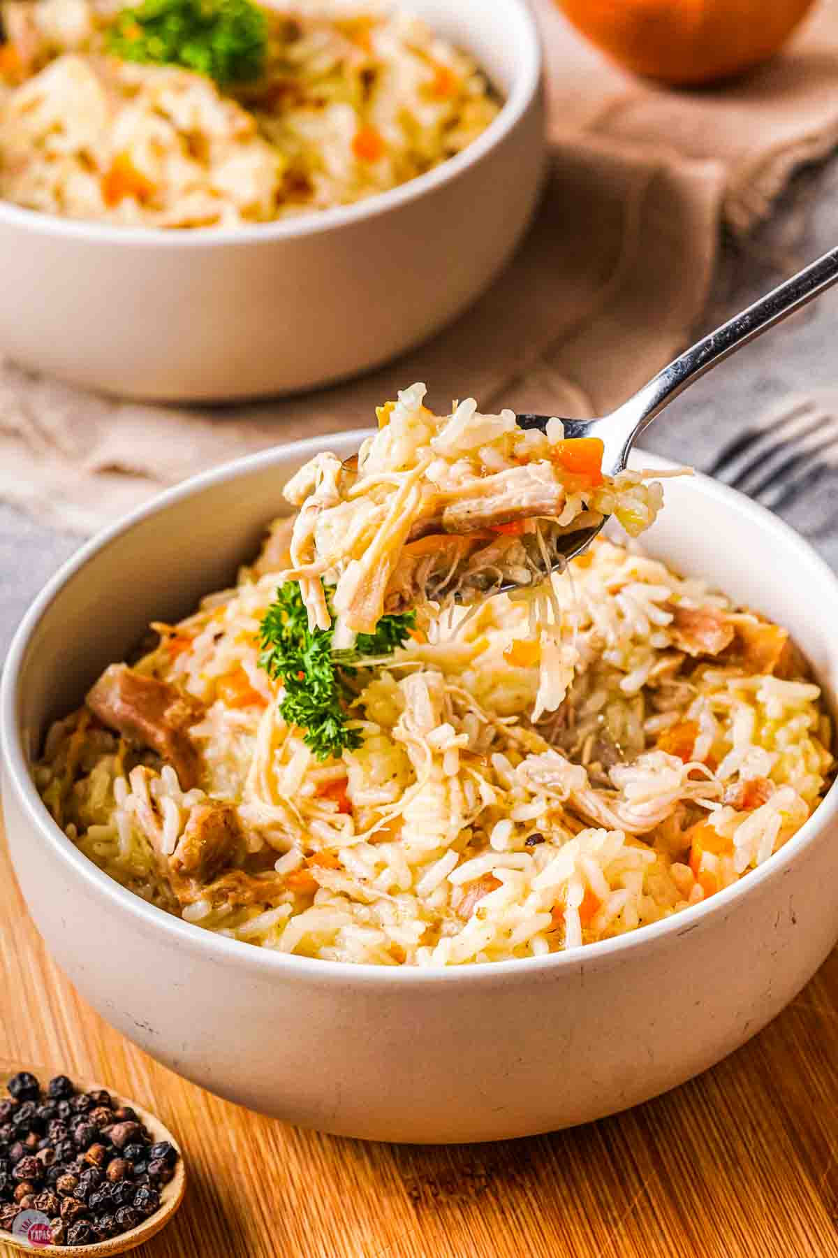 bowl of stewed chicken and rice with a spoon scooping some out