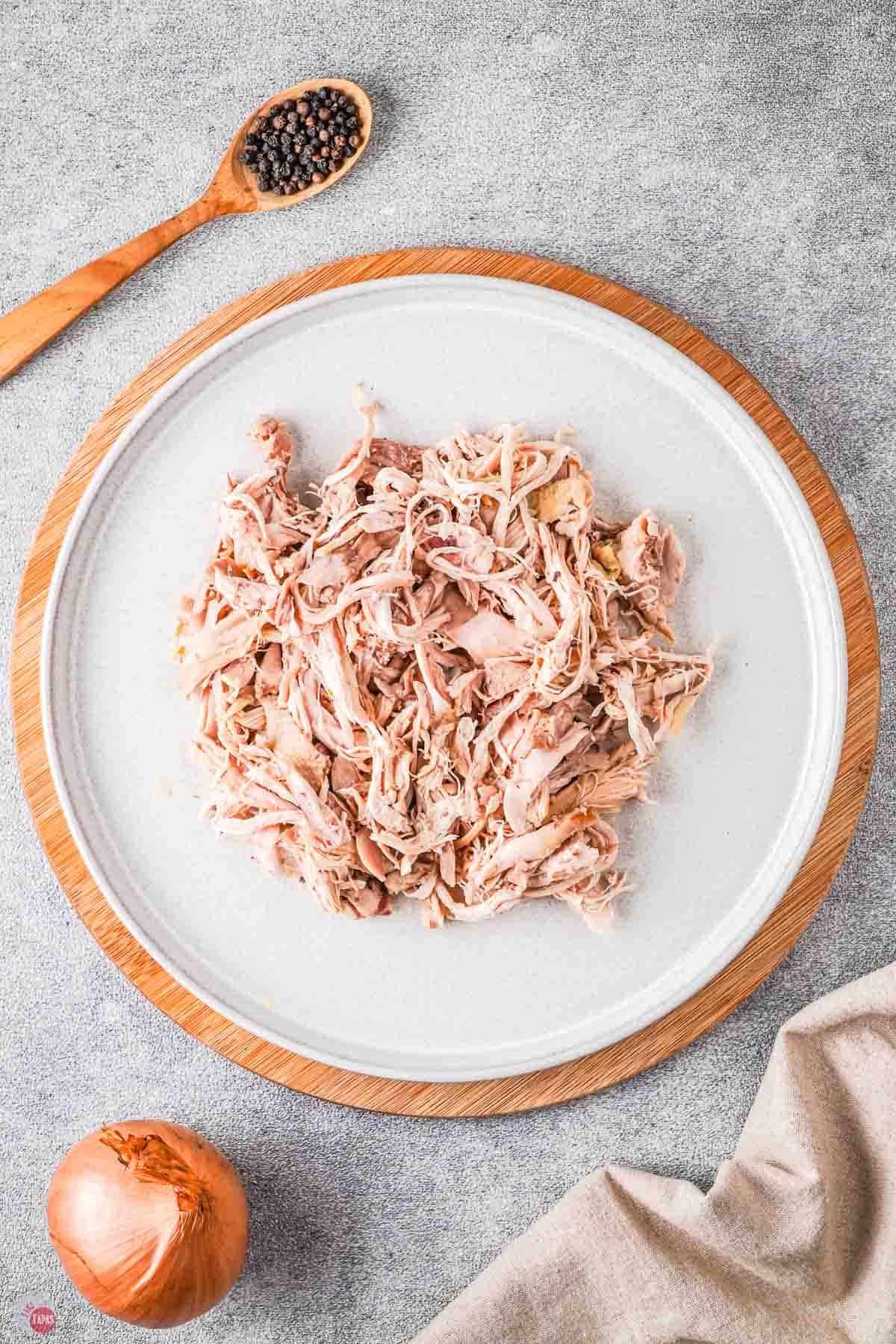 shredded chicken on a white plate