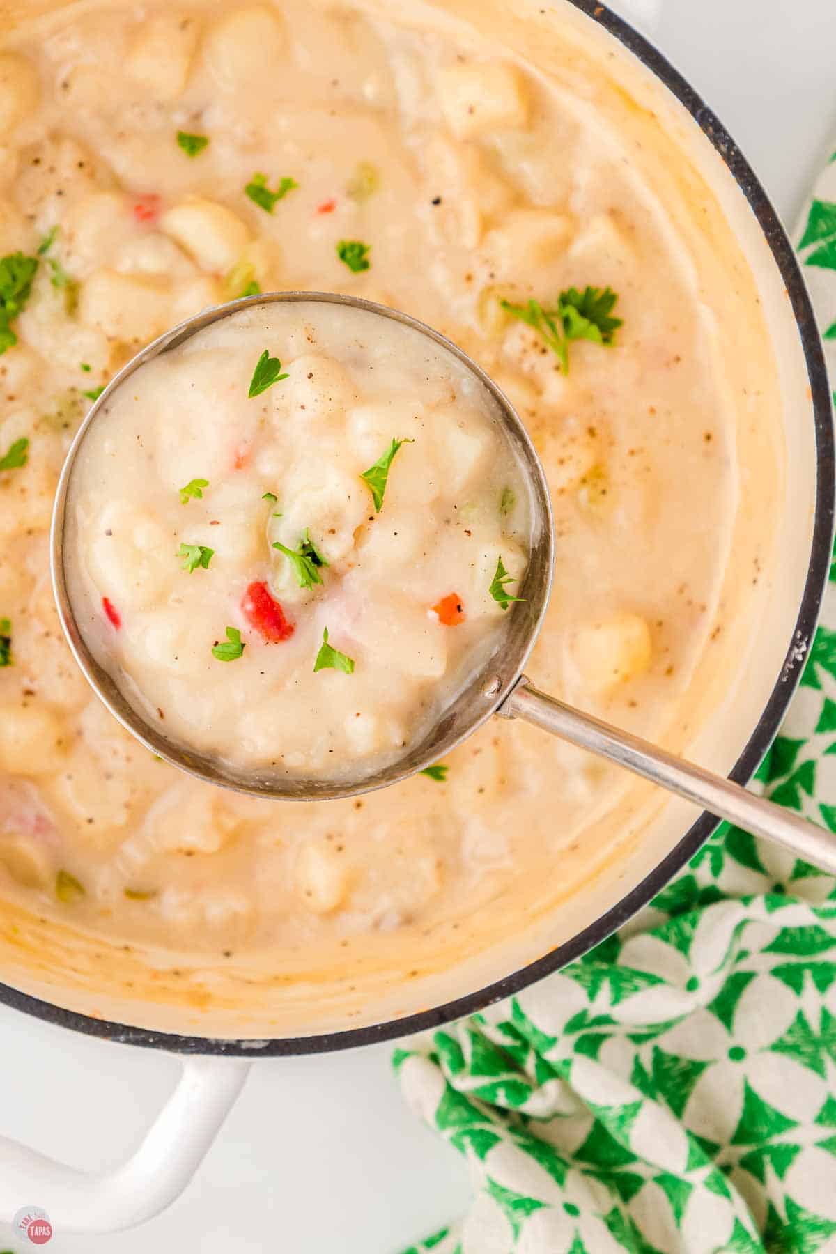 overhead pot of soup with a ladle scooping some out