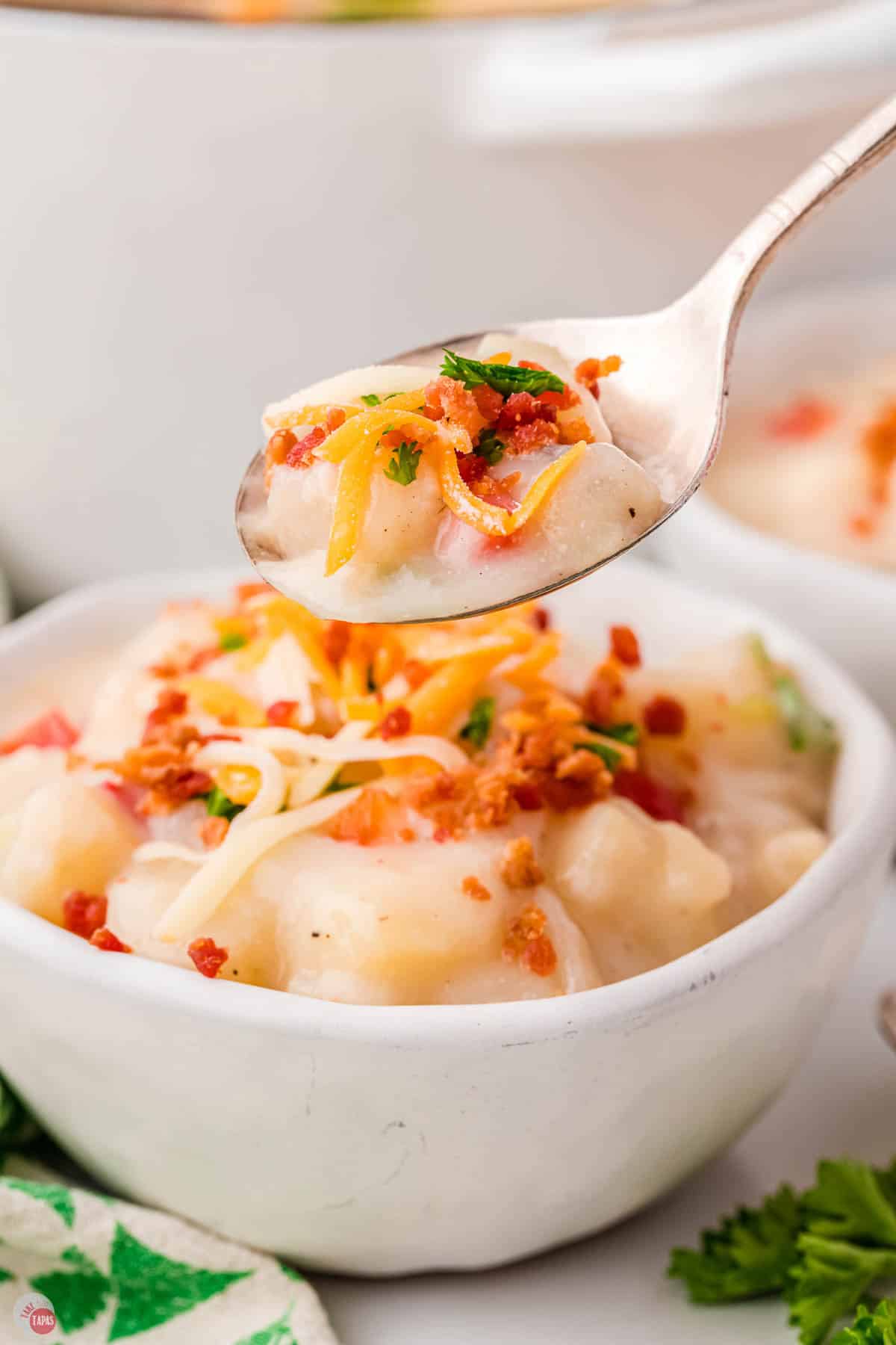 close up of spoon with bite of soup topped with cheese and bacon