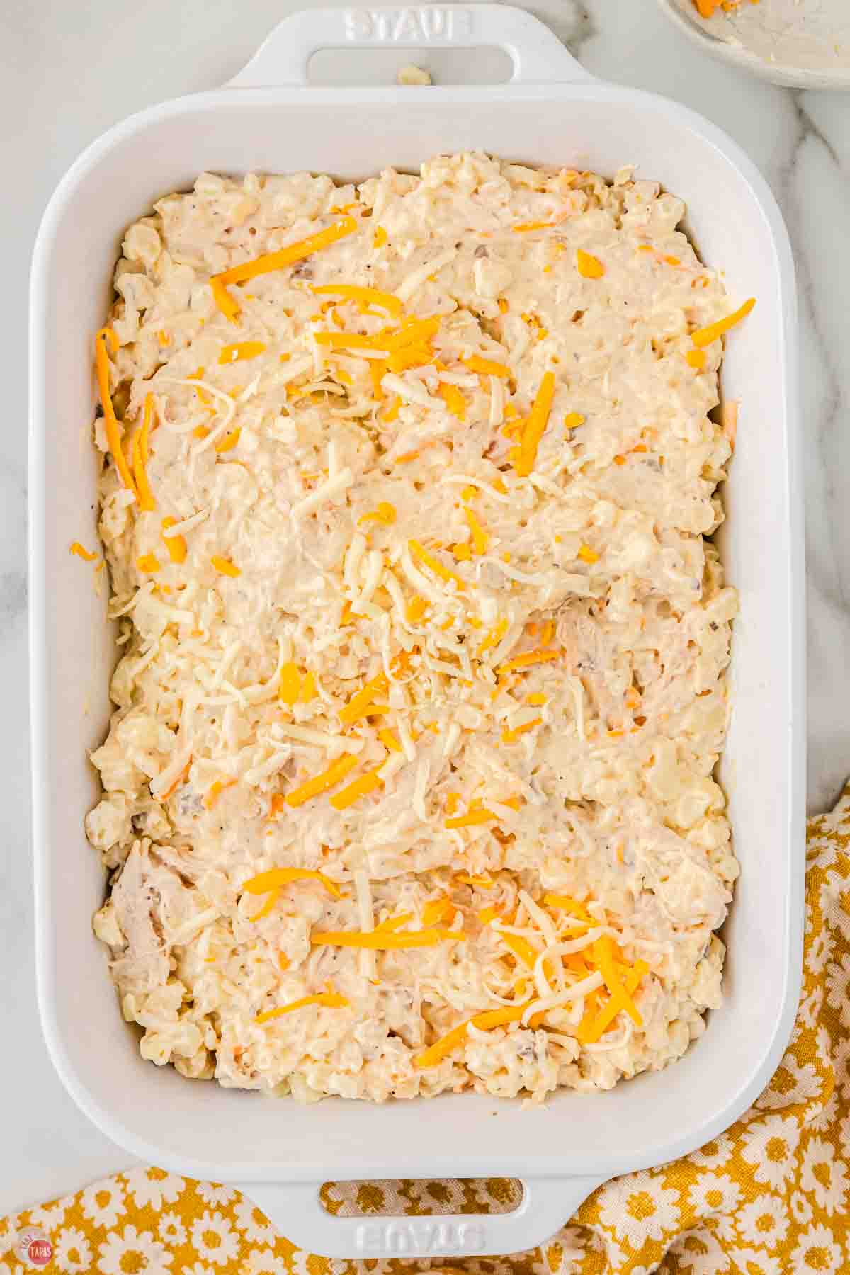 chicken mixture spread in a 9x13 dish