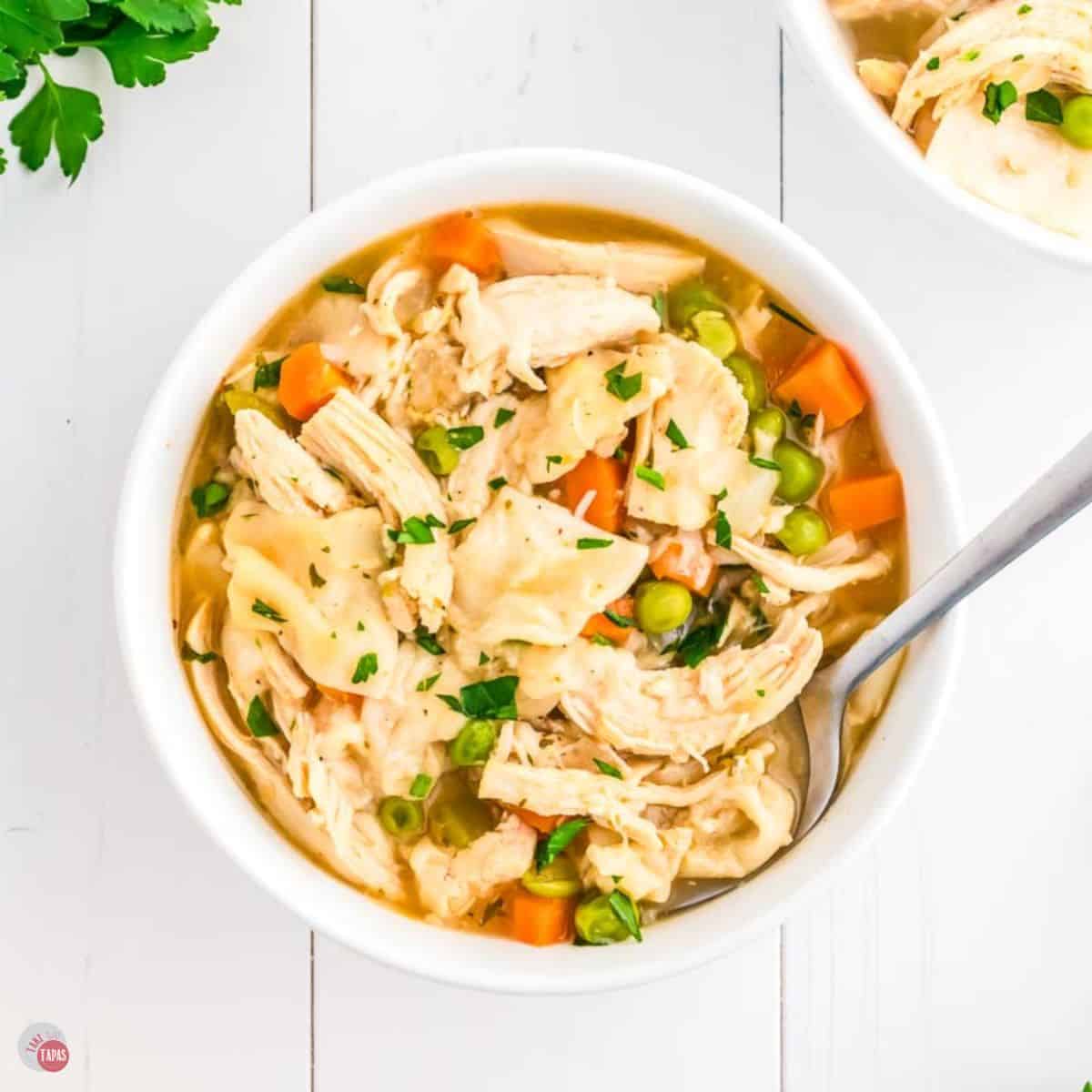 bowl of chicken and dumplings soup
