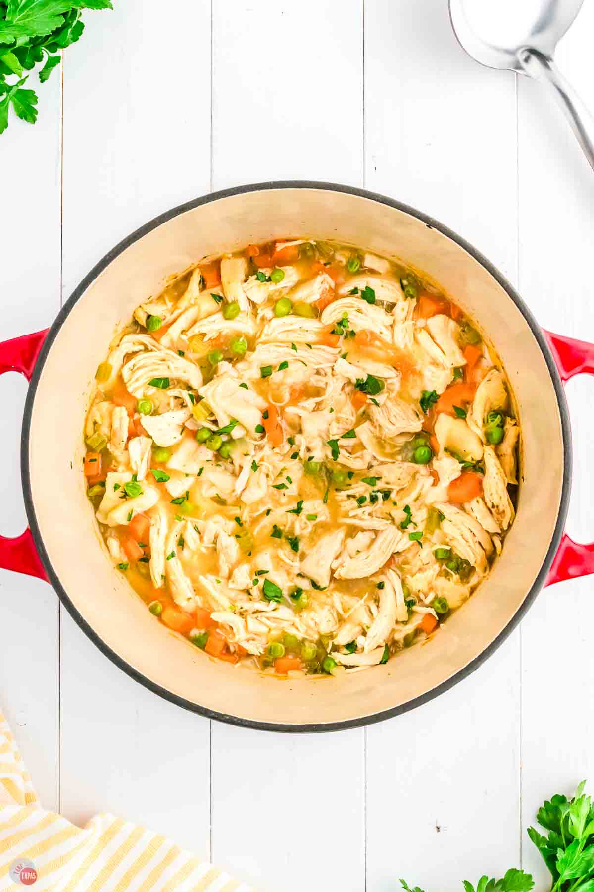 pot of chicken and dumplings in a red pot