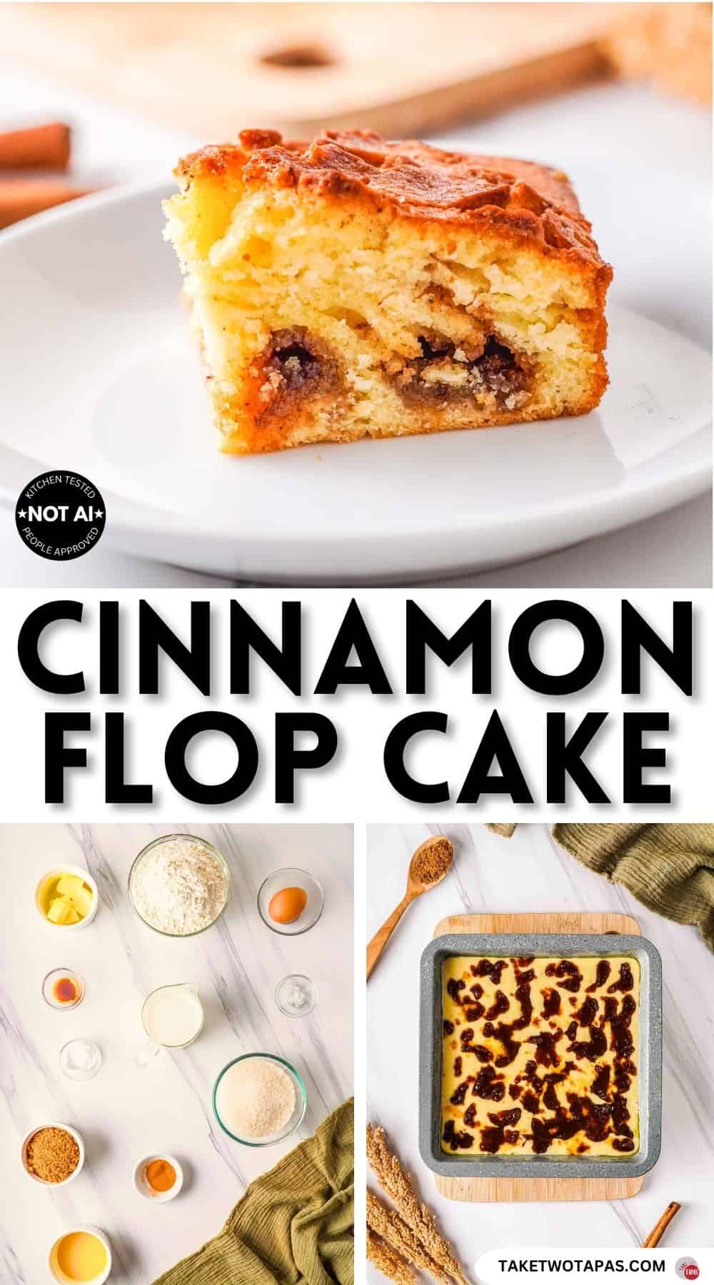 Pinterest pin image for a cinnamon flop cake recipe