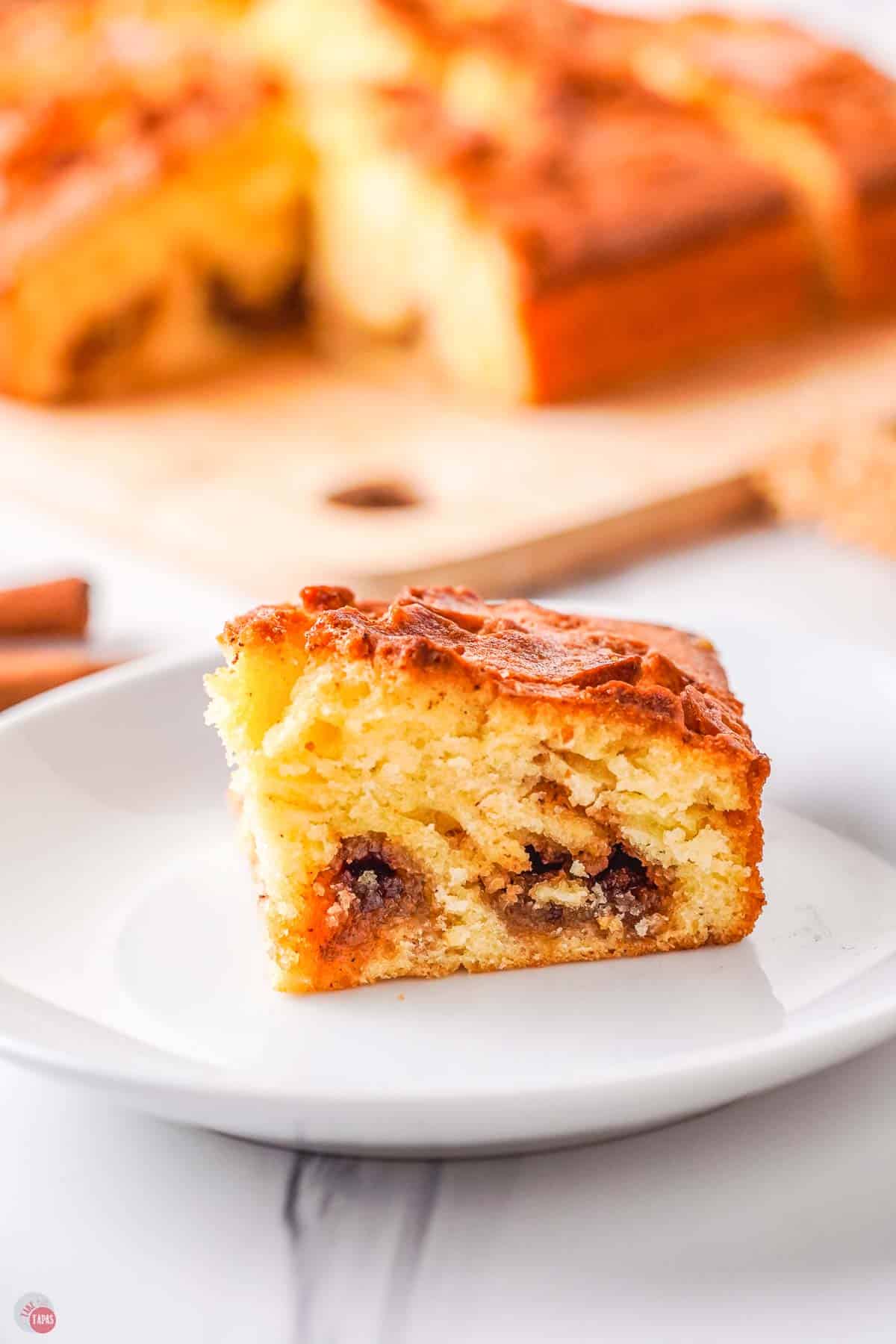 plate with side view of cake with cinnamon