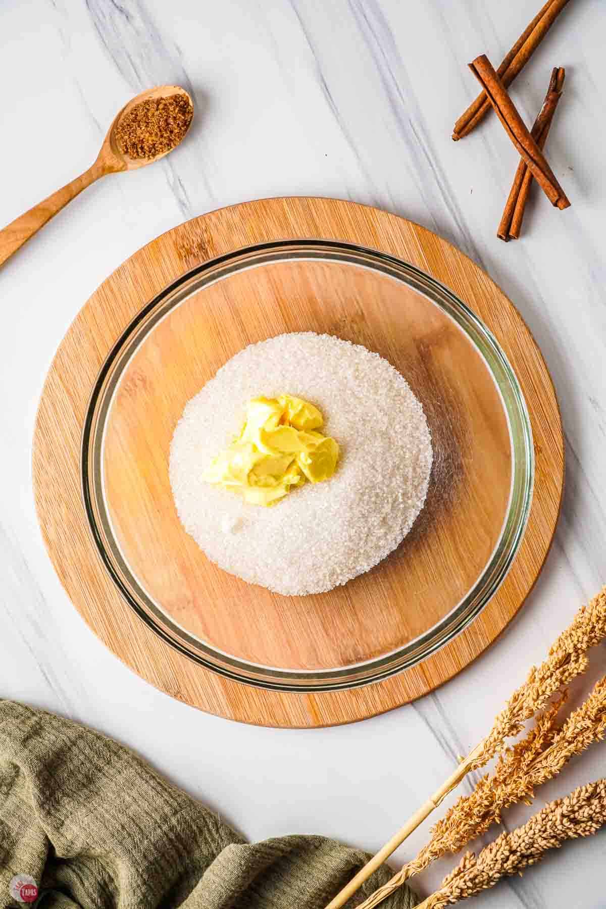 sugar and butter in a clear mixing bowl