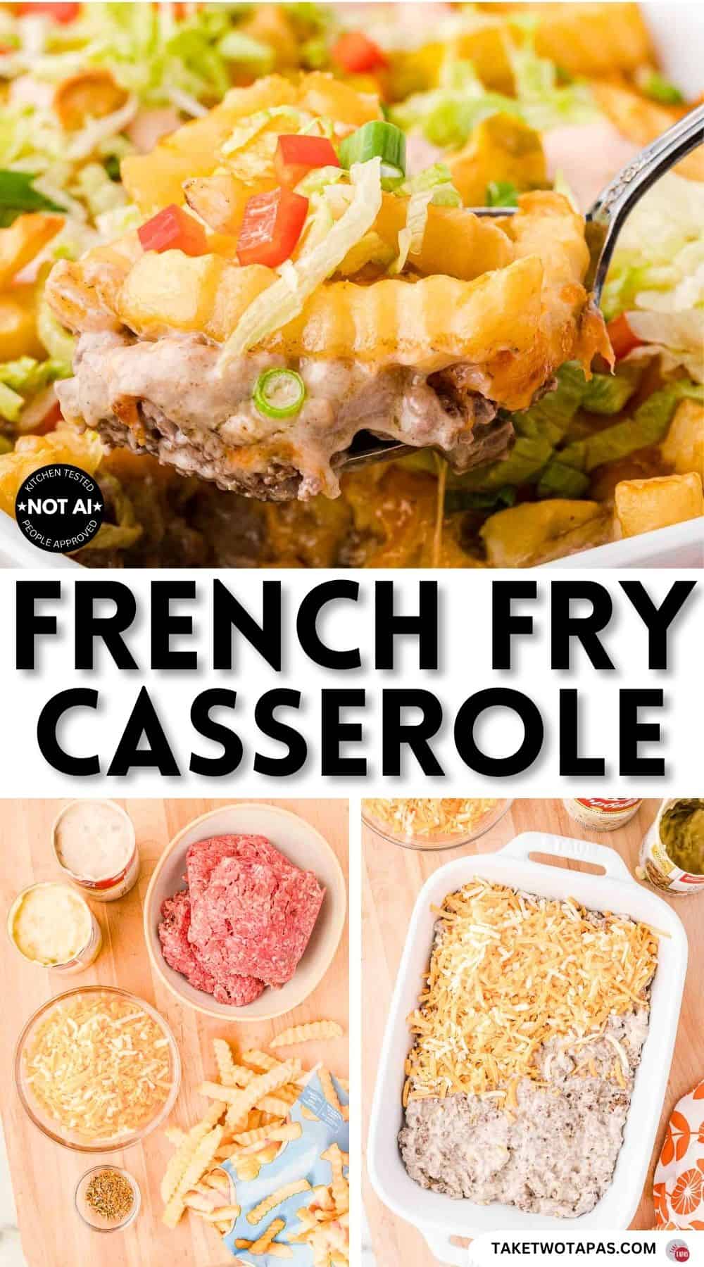 Pinterest pin image for a french fry casserole recipe