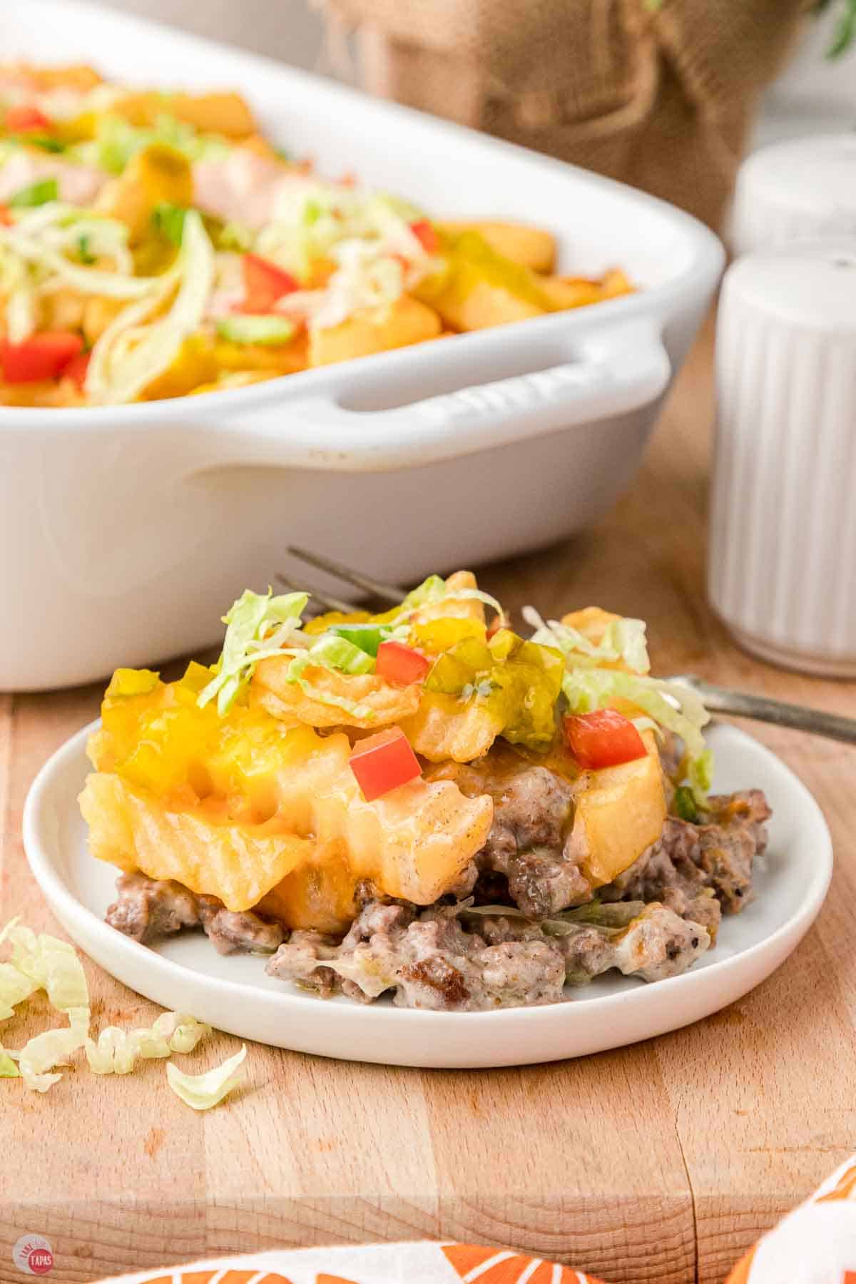 plate with a scoop of french fry casserole on it