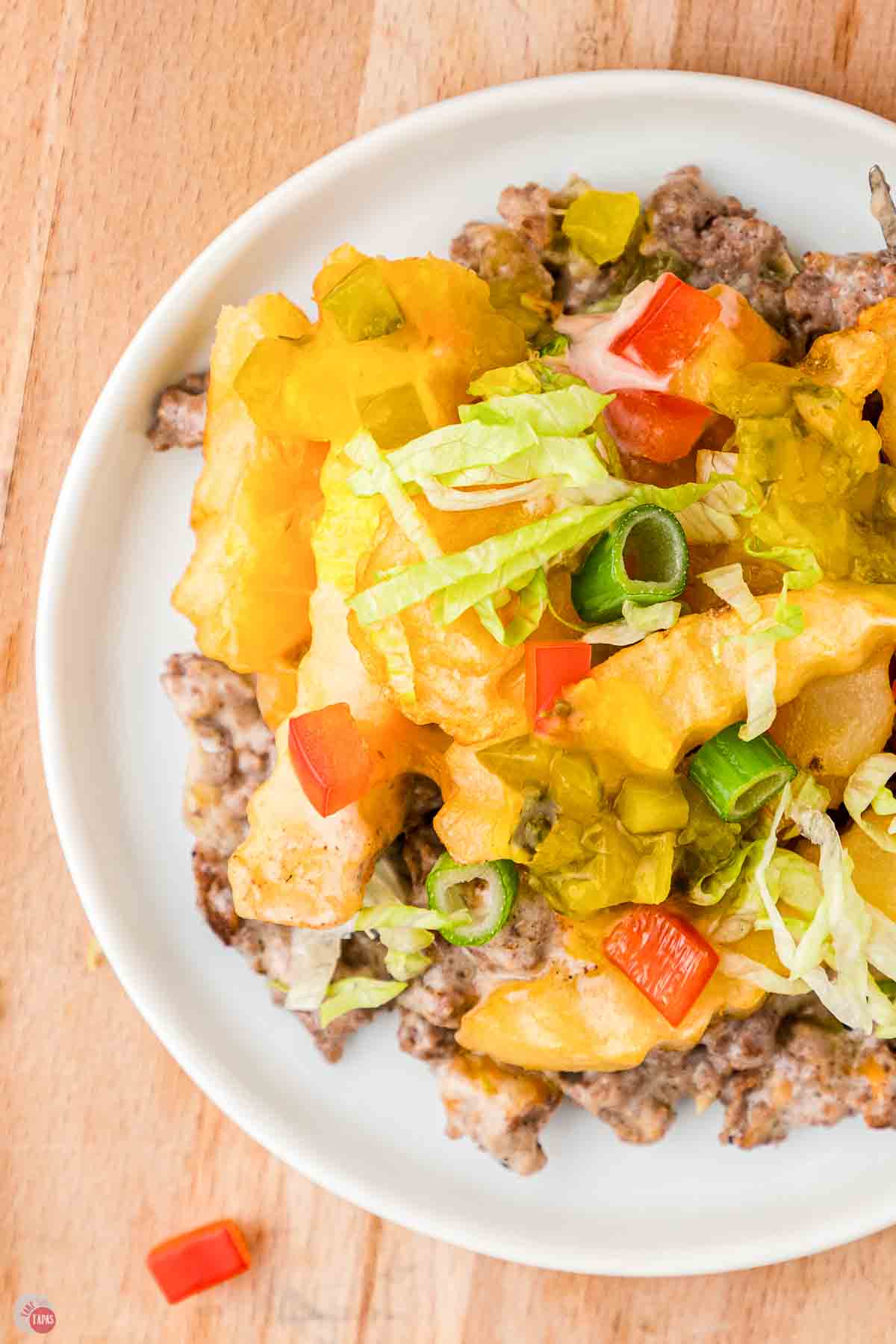 close up of french fry casserole on a white plate