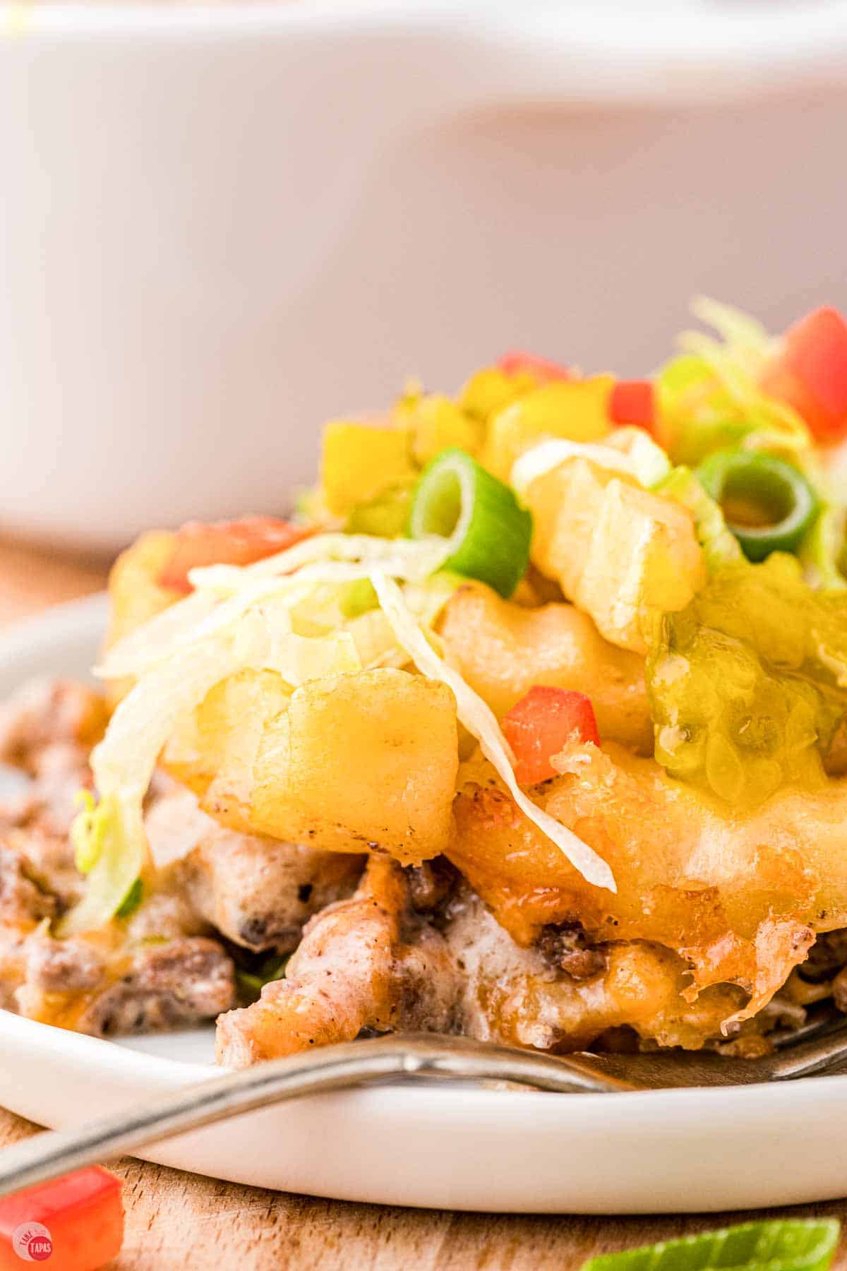 close up of side view of french fry casserole with ground beef