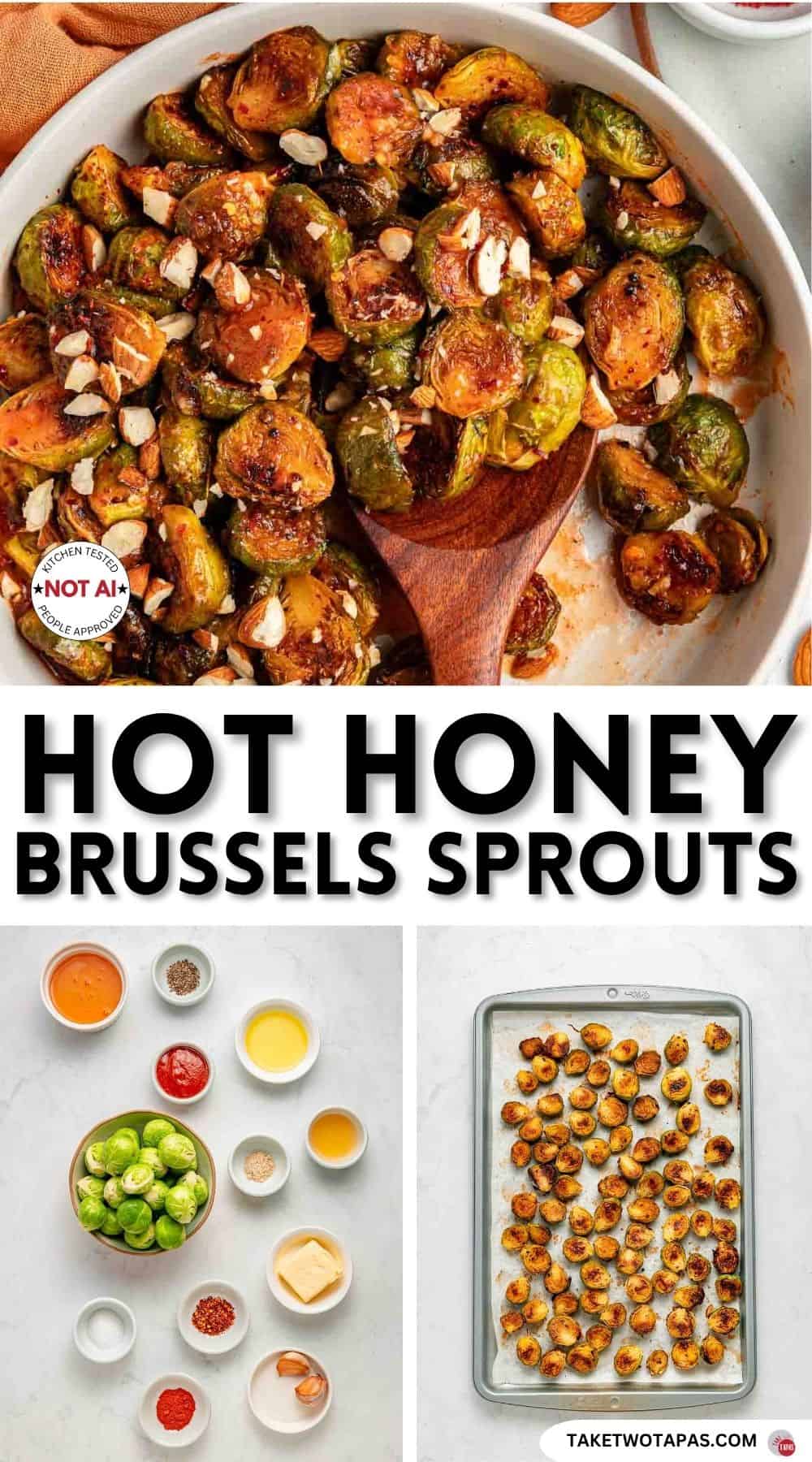 Pinterest pin image for a hot honey Brussels sprouts recipe