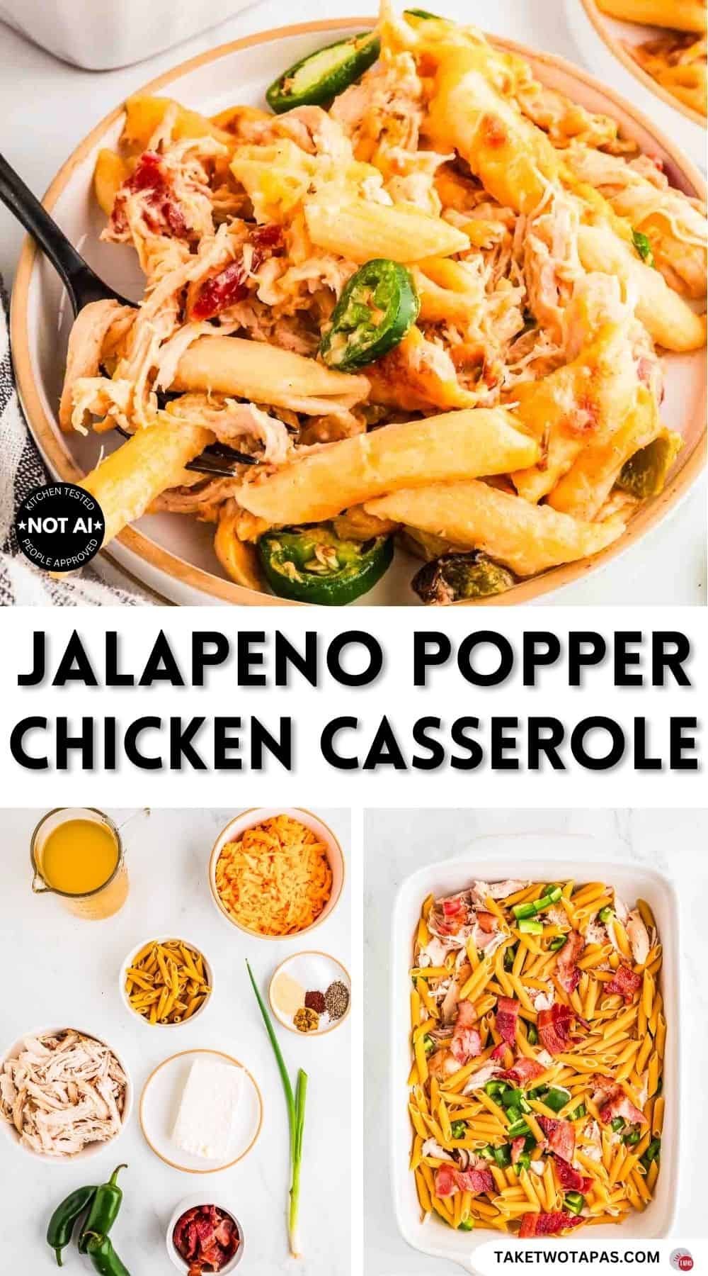 Pinterest pin image for a jalapeno popper chicken casserole recipe
