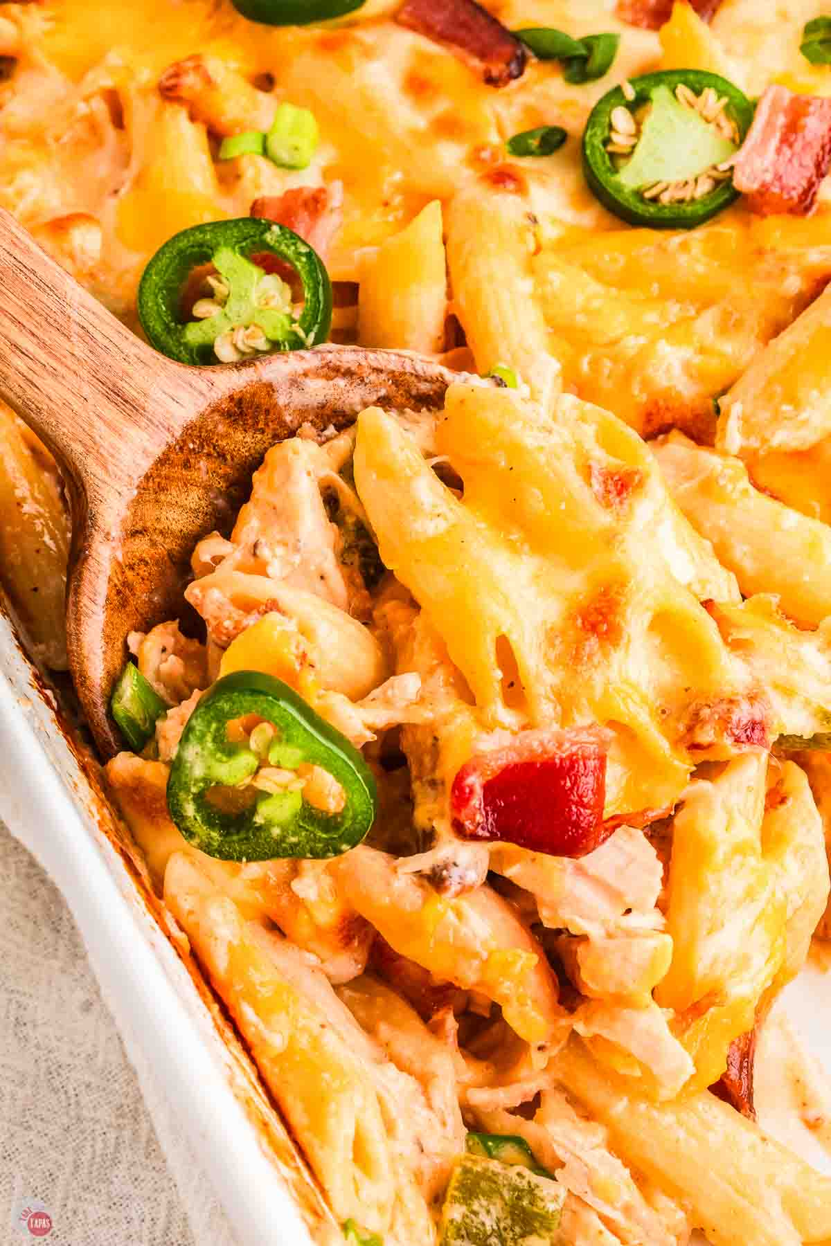 wood spoon with a scoop of chicken, pasta, and peppers