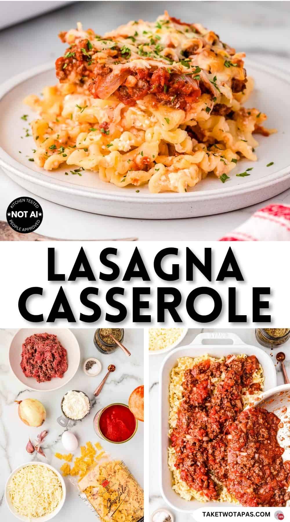 Pinterest pin image for a lasagna casserole recipe
