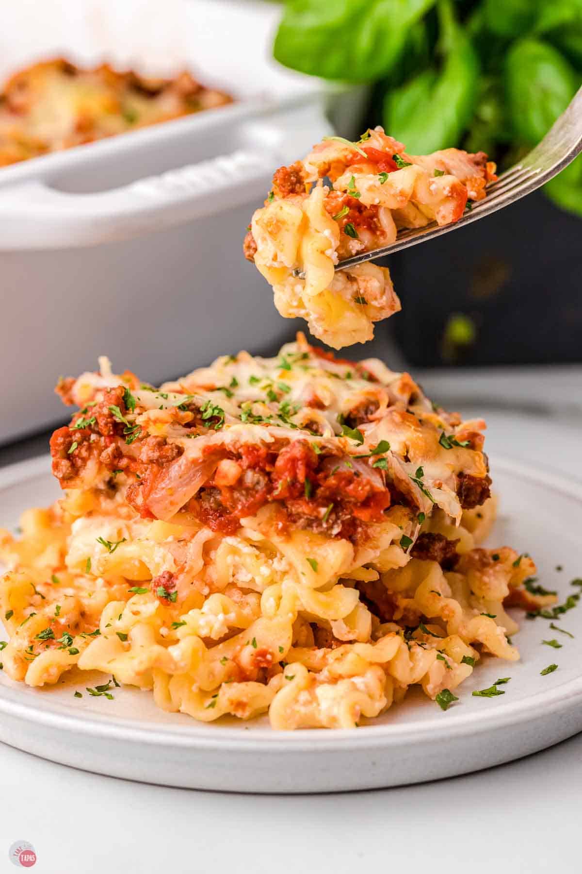 fork with bite of pasta and sauce on it hovering over a plate