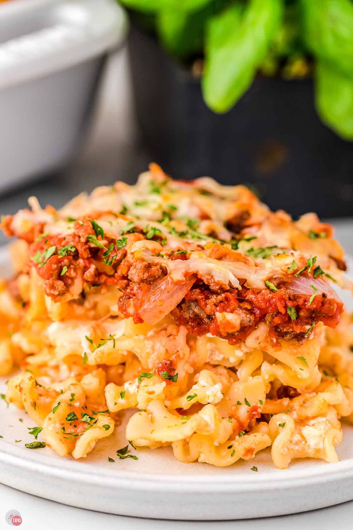 side view of lasagna casserole showing off the layers