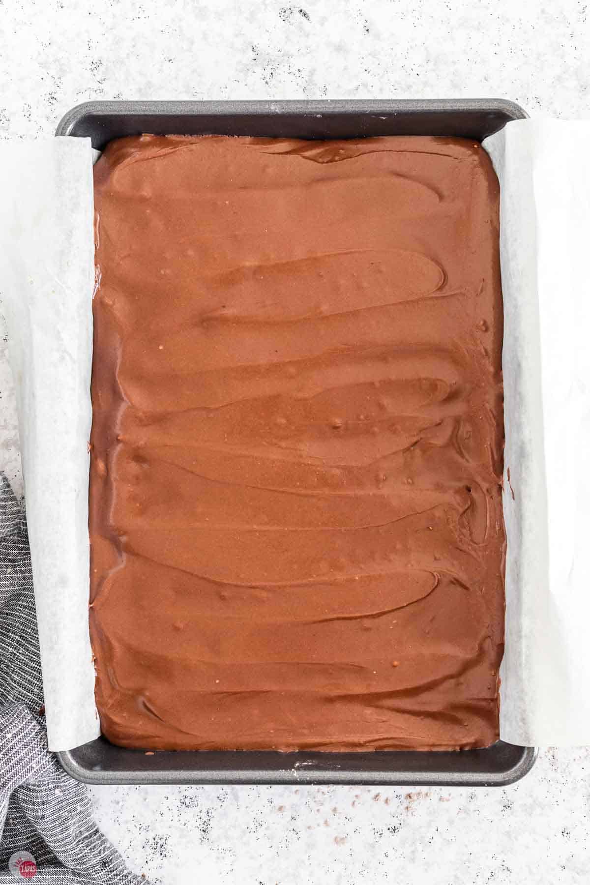 white pan of lunch lady brownies