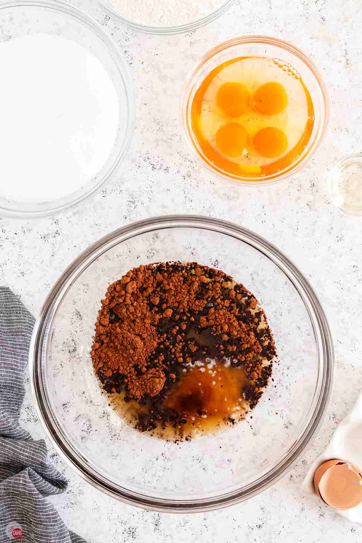 melted butter and cocoa powder in a bowl